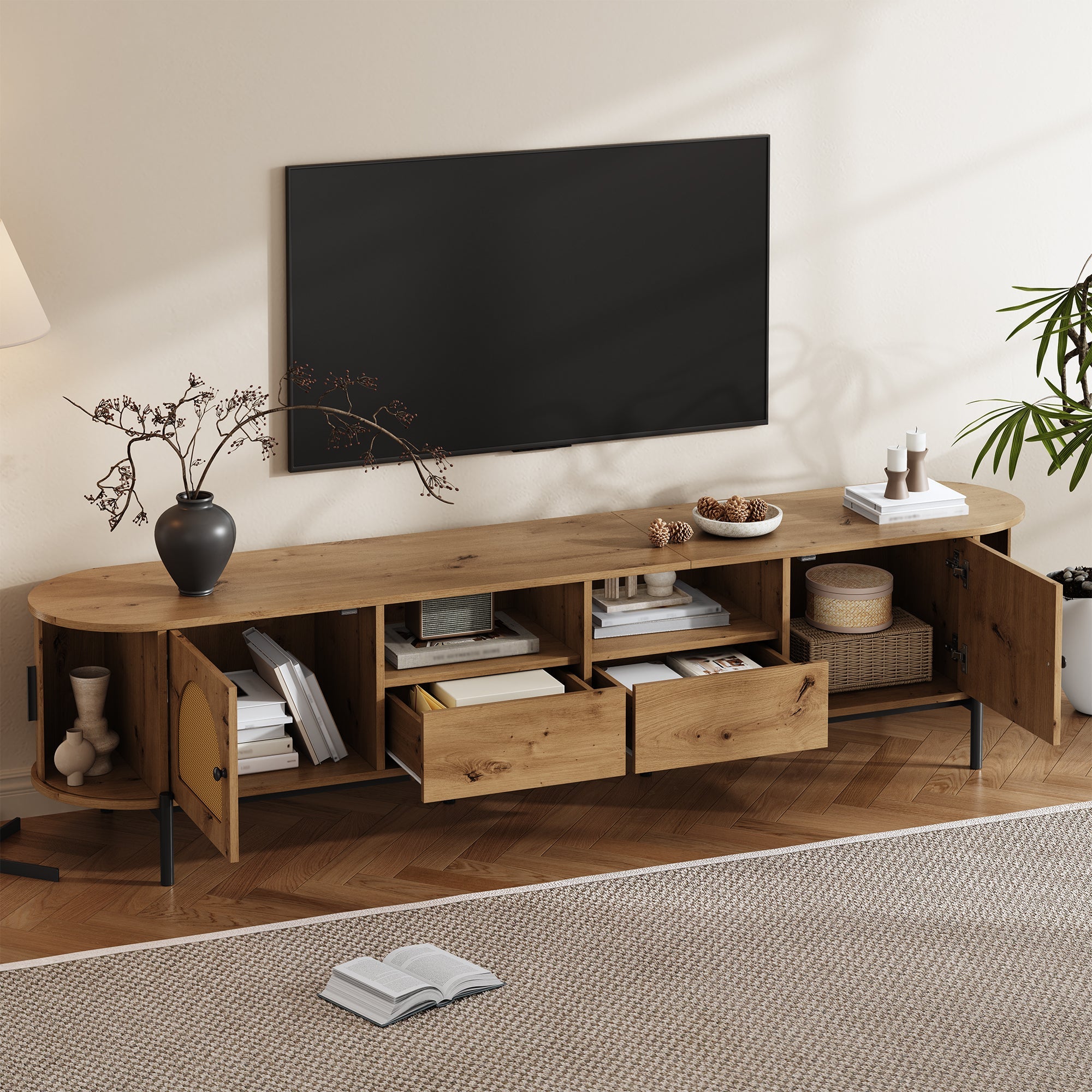Oval TV Cabinet with Sliding Doors and Drawers, Wood Look and Rattan