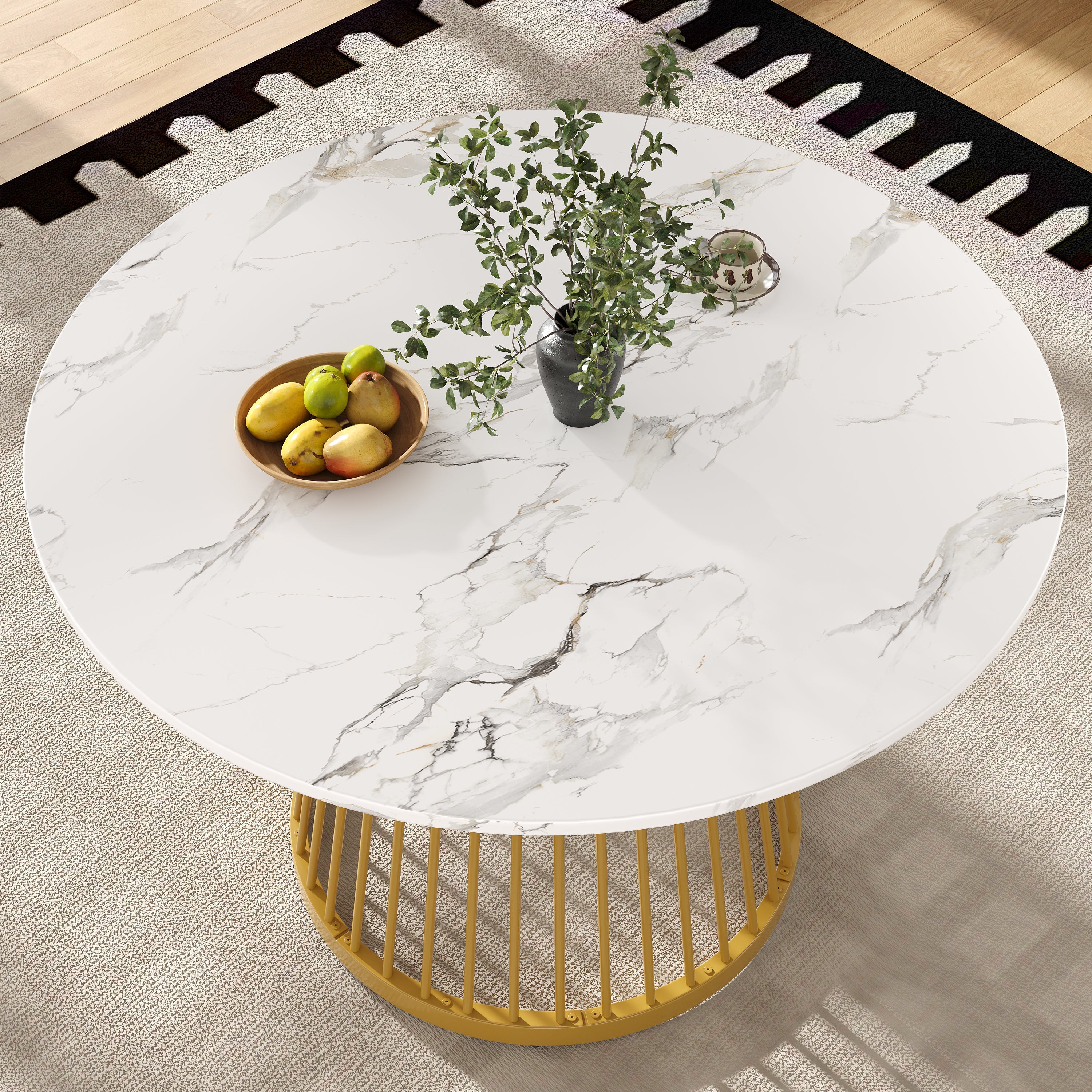 Dining Table Set 5-Piece Round 80cm Gold Metal Legs White MDF Top Dark Grey Velvet