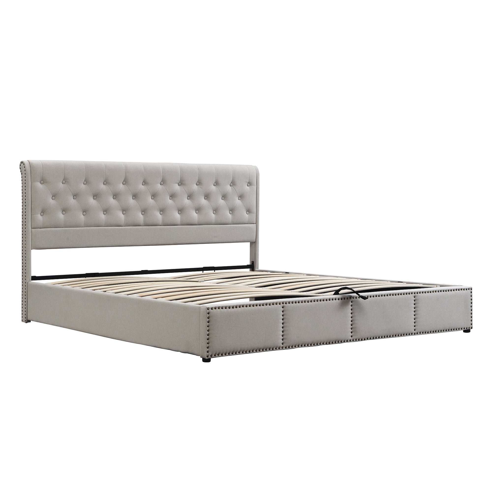 Upholstered Bed 140x200cm Hydraulic Storage Studded - Cotton-Linen