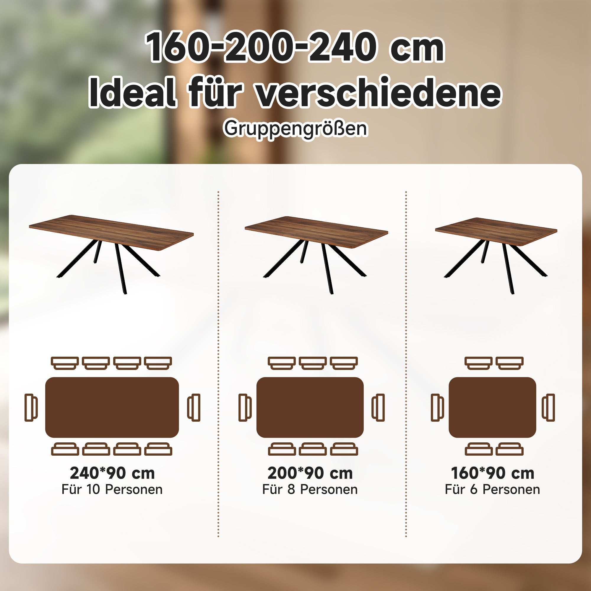 Extendable Dining Table 160-240cm 6-10 Seater Metal Legs - Walnut Color