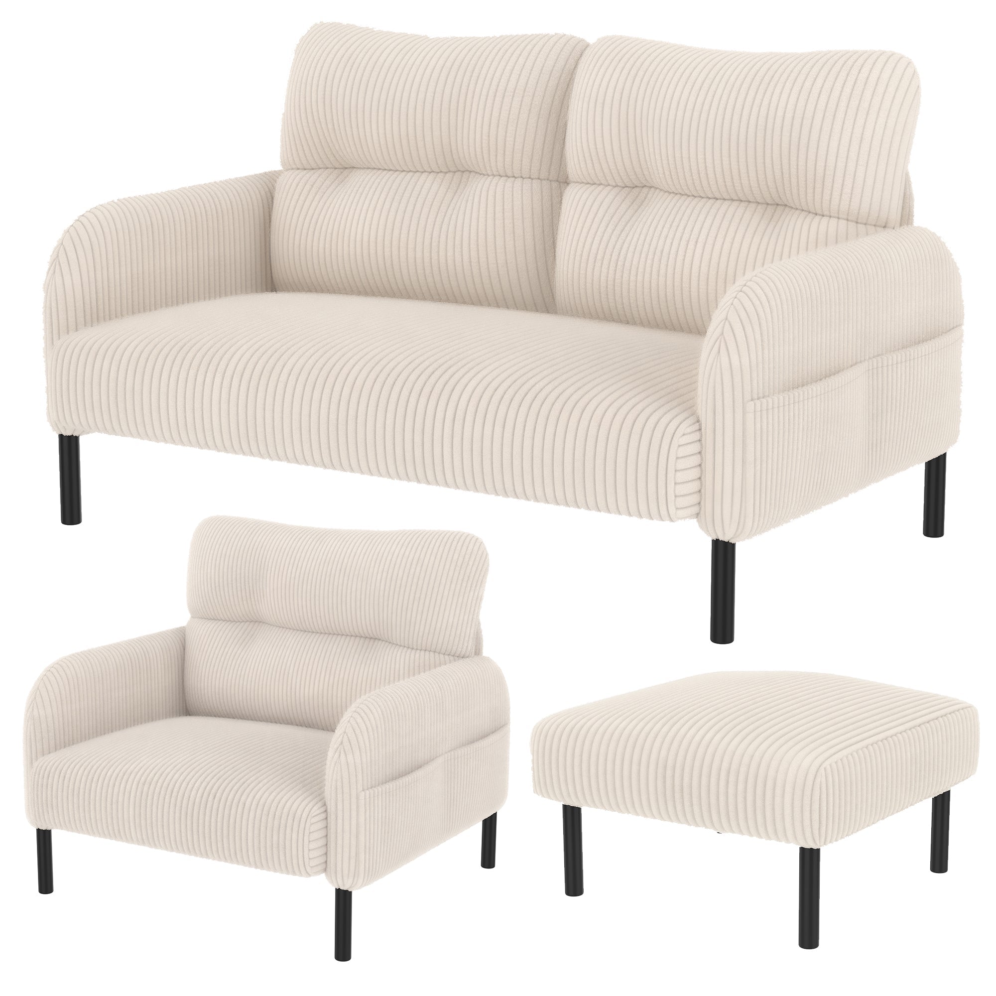 Cord 3-Piece Set Armchair Footstool 2-Seater Sofa Modular Deep Seat, Beige