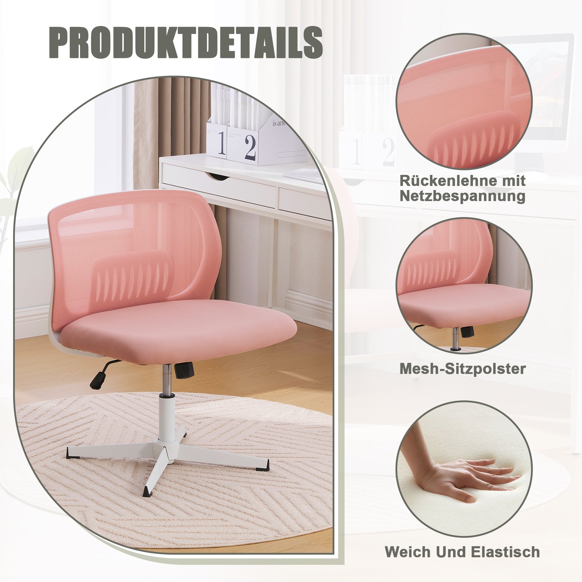 Armless Office Chair, Reading Chair, Rocking Function, Height Adjustable, 360° Rotatable