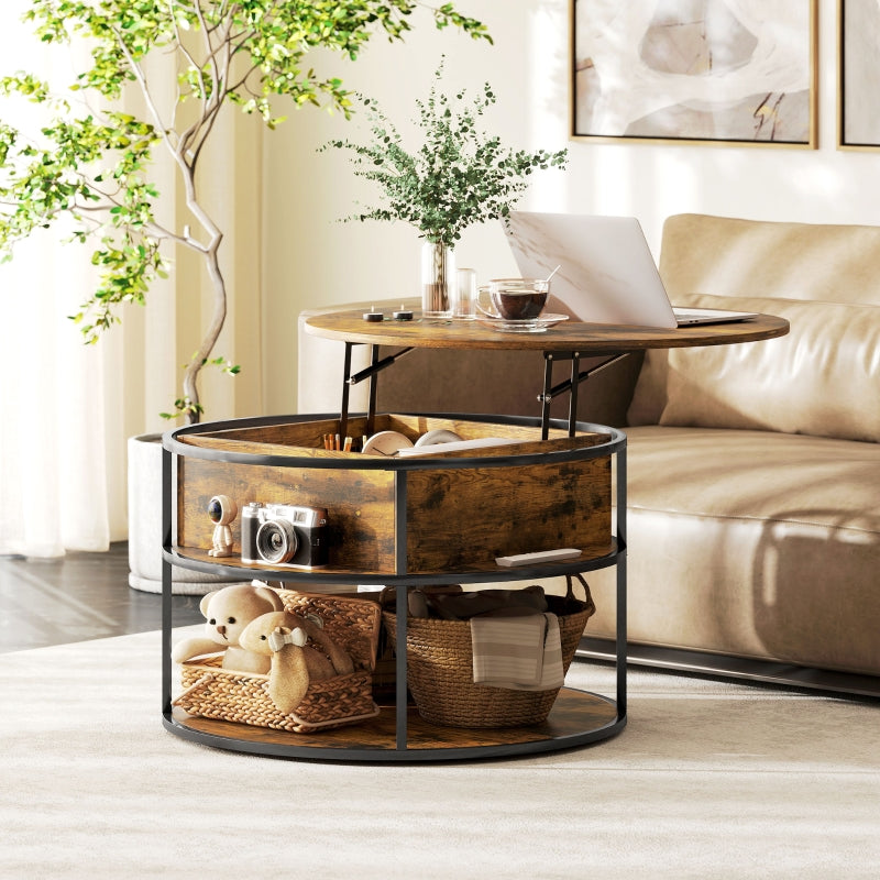 Lift Top Coffee Table, Round Storage Shelf Steel Frame, Brown