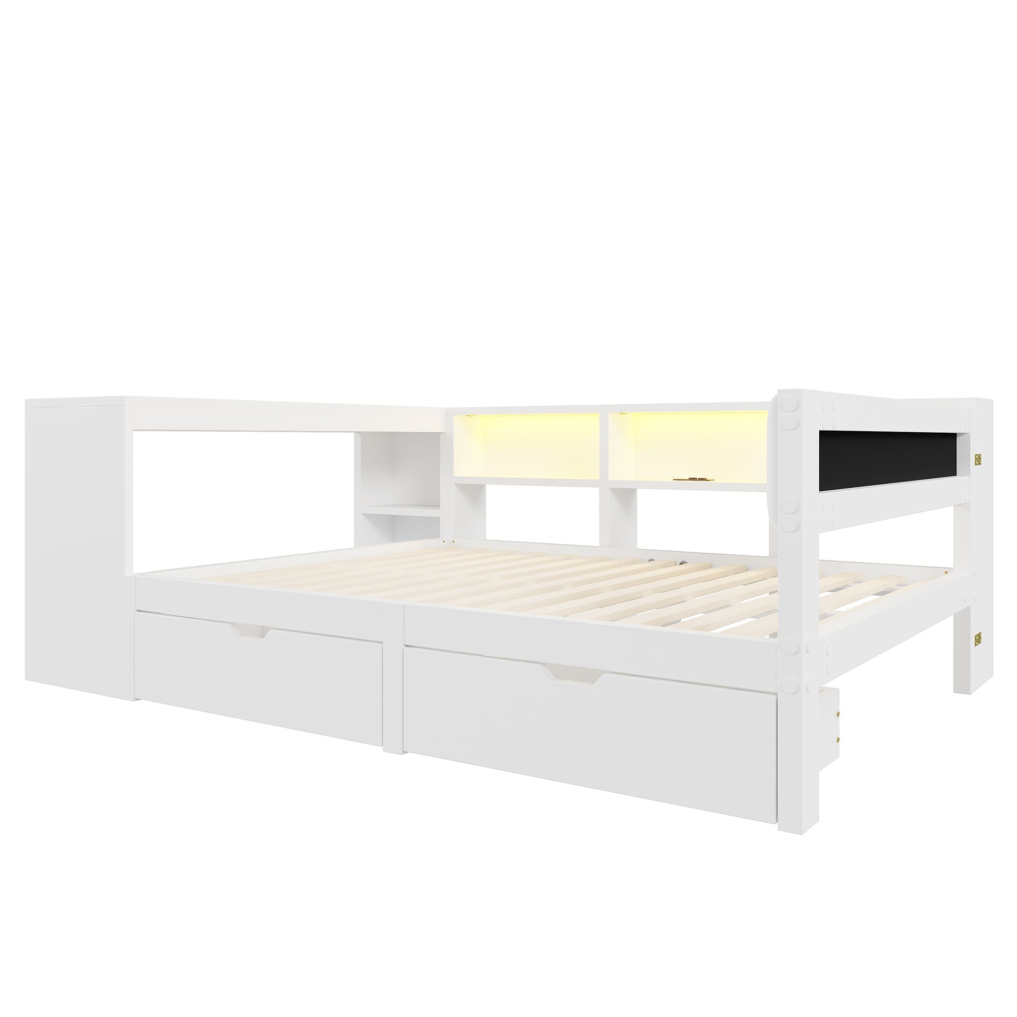 Platform Bed 140x200 Upholstered Headboard Storage Drawers LED Charge Station - White