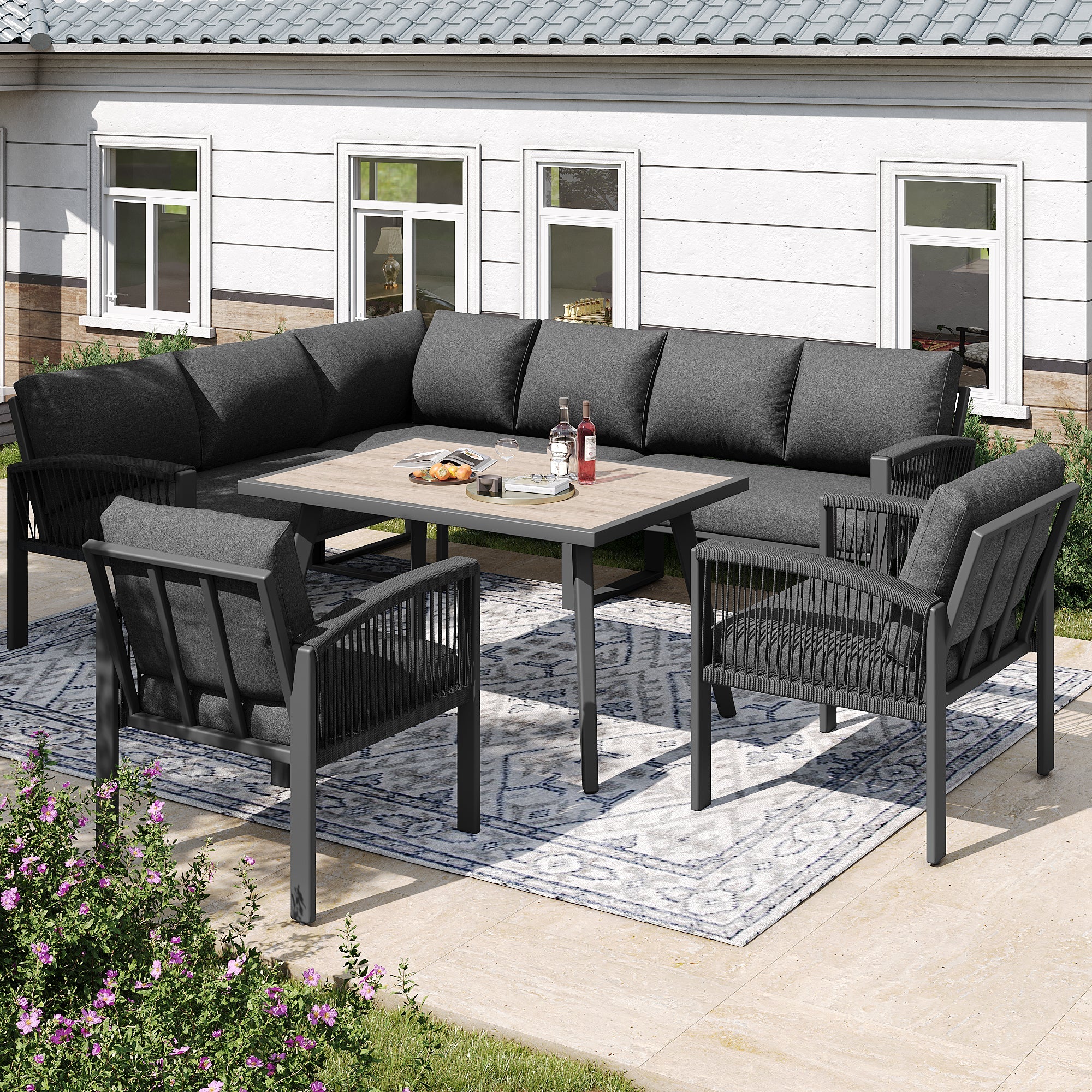 Garden Lounge Set 8-Person Rope Design Large Table Wood Grain - Grey