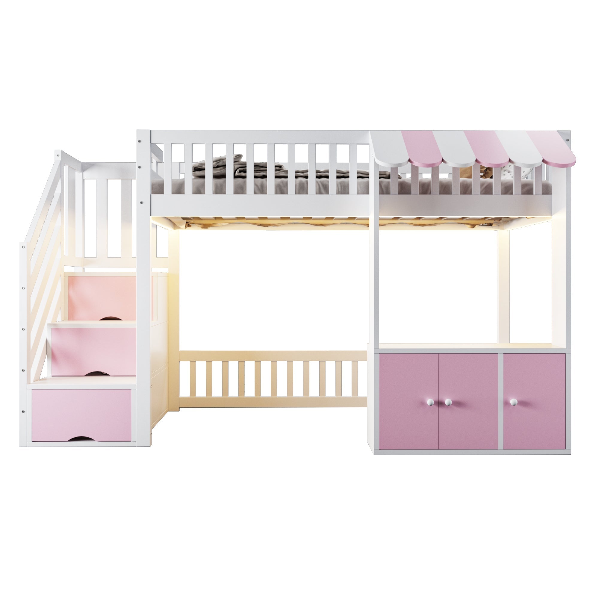 Loft Bed 90x200cm with Storage Stairs Wardrobe LED Light Wooden Pink