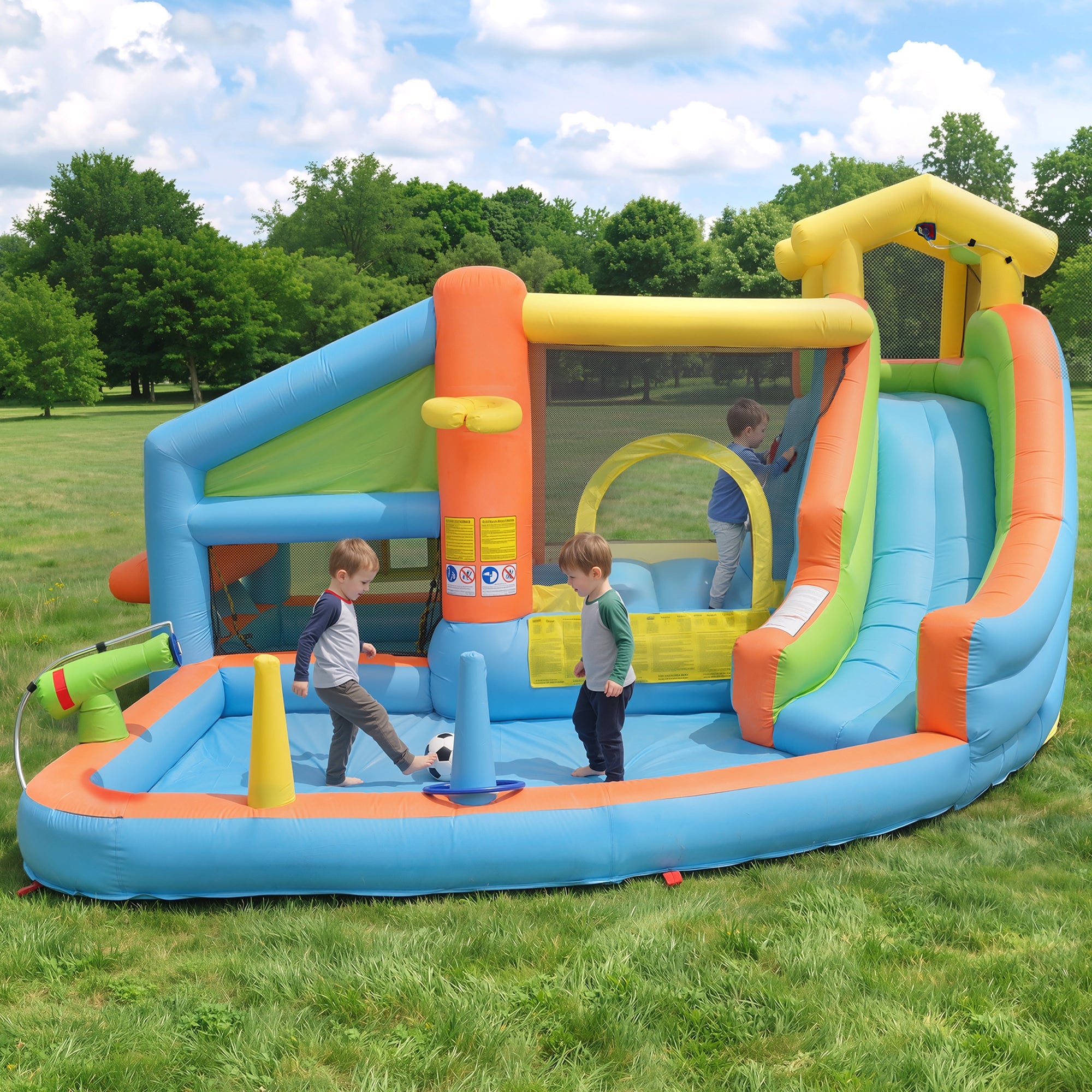 Children's Bouncy Castle and Inflatable Water Park with Blower, Slide and Basketball Hoop, 360x350x210cm, Oxford Fabric