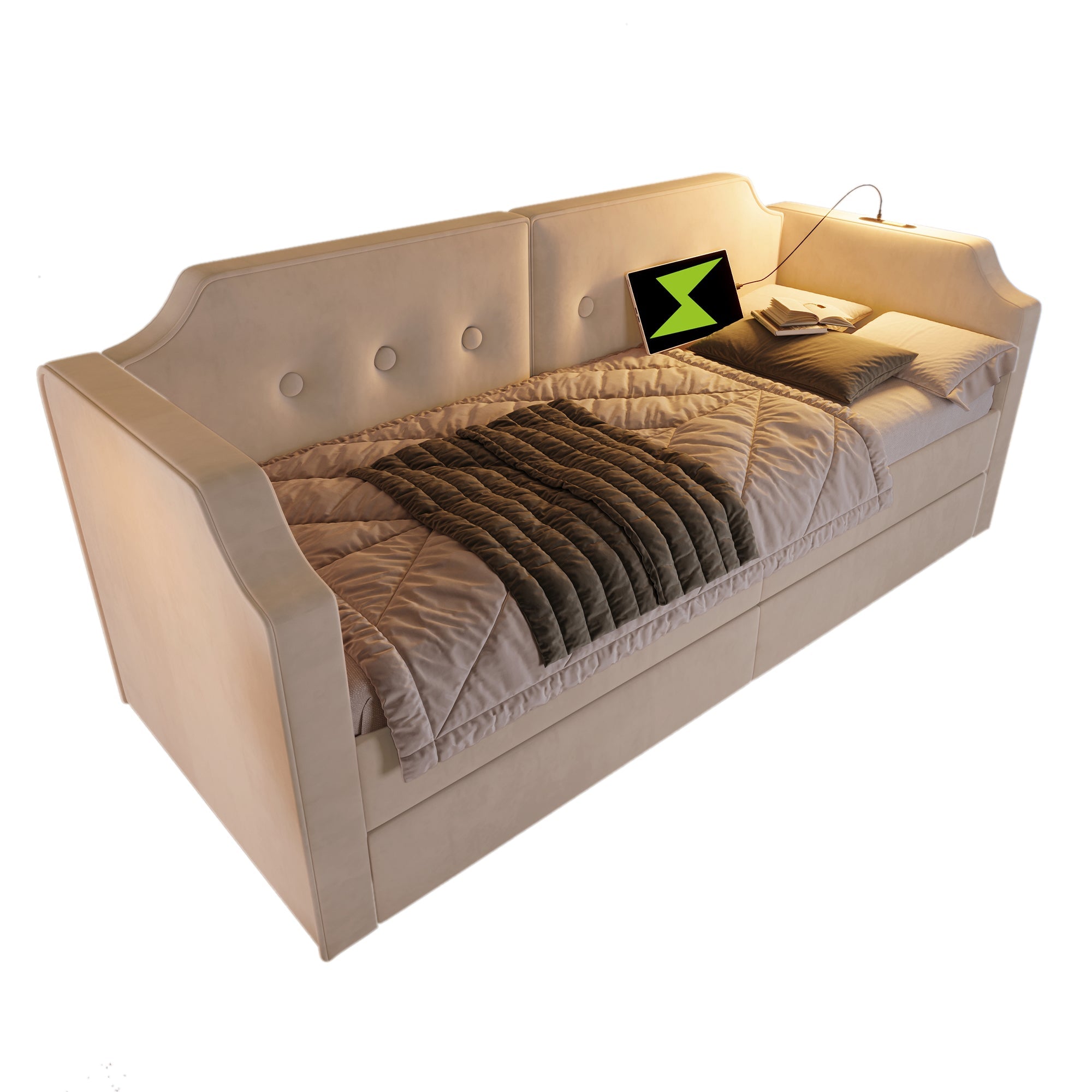 Upholstered Sofa Bed, 90x200 cm, USB Type-C Light, 2 Drawers, Velvet Beige