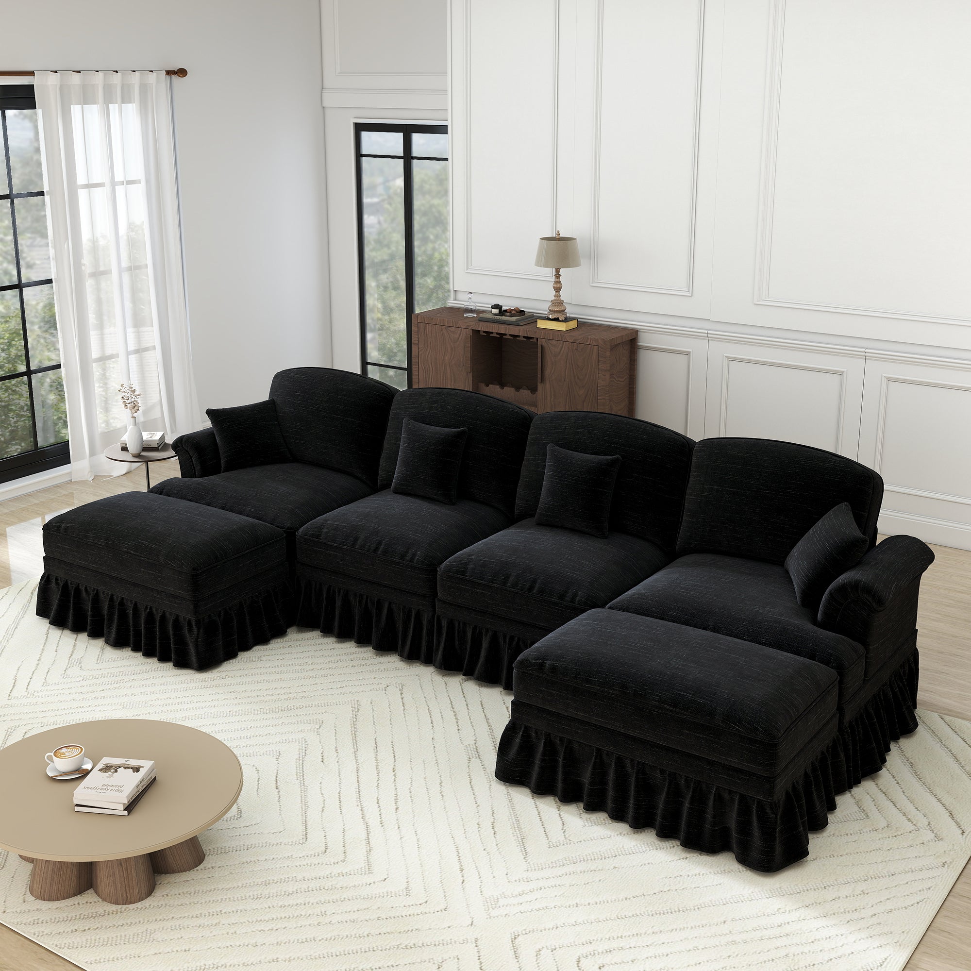 Classic U-shaped Modular Sofa 4-Seater Movable Ottoman Removable Apron - Chenille Black