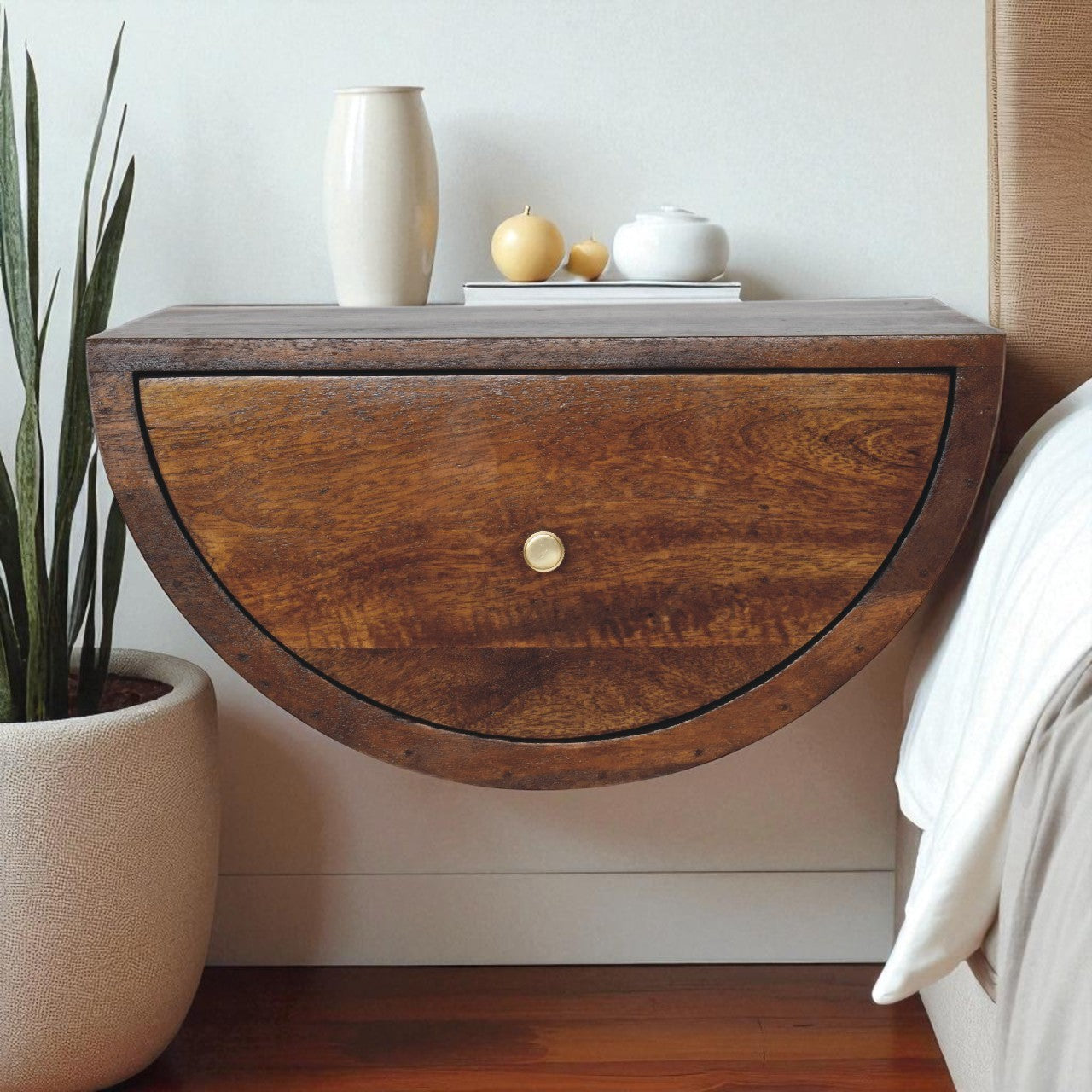 Solid Wood Floating Bedside with 1 Drawer, Crescent Design, Chestnut Brown