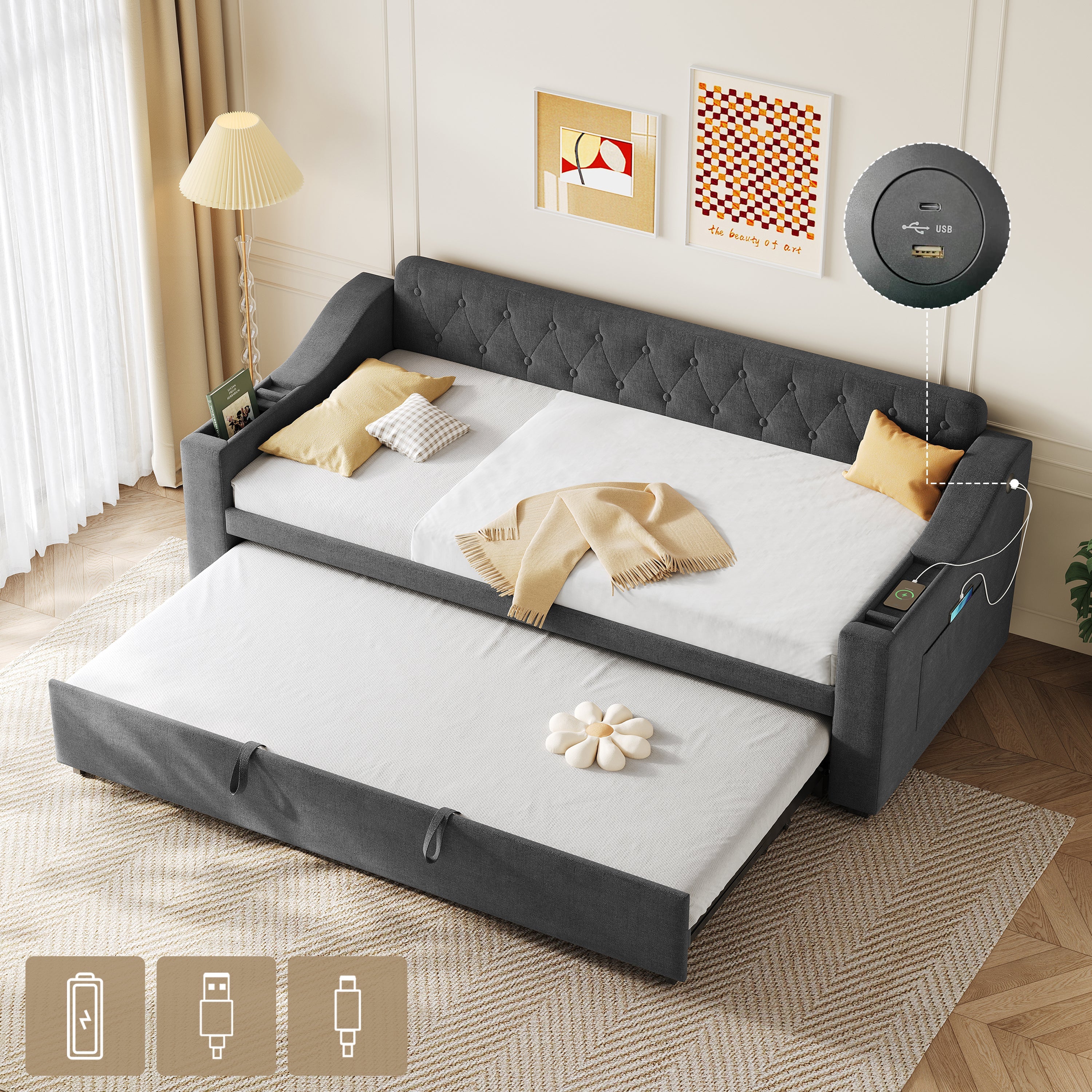 Upholstered Daybed Sofa with Trundle, Charging Station and Armrest Storage, Linen Grey