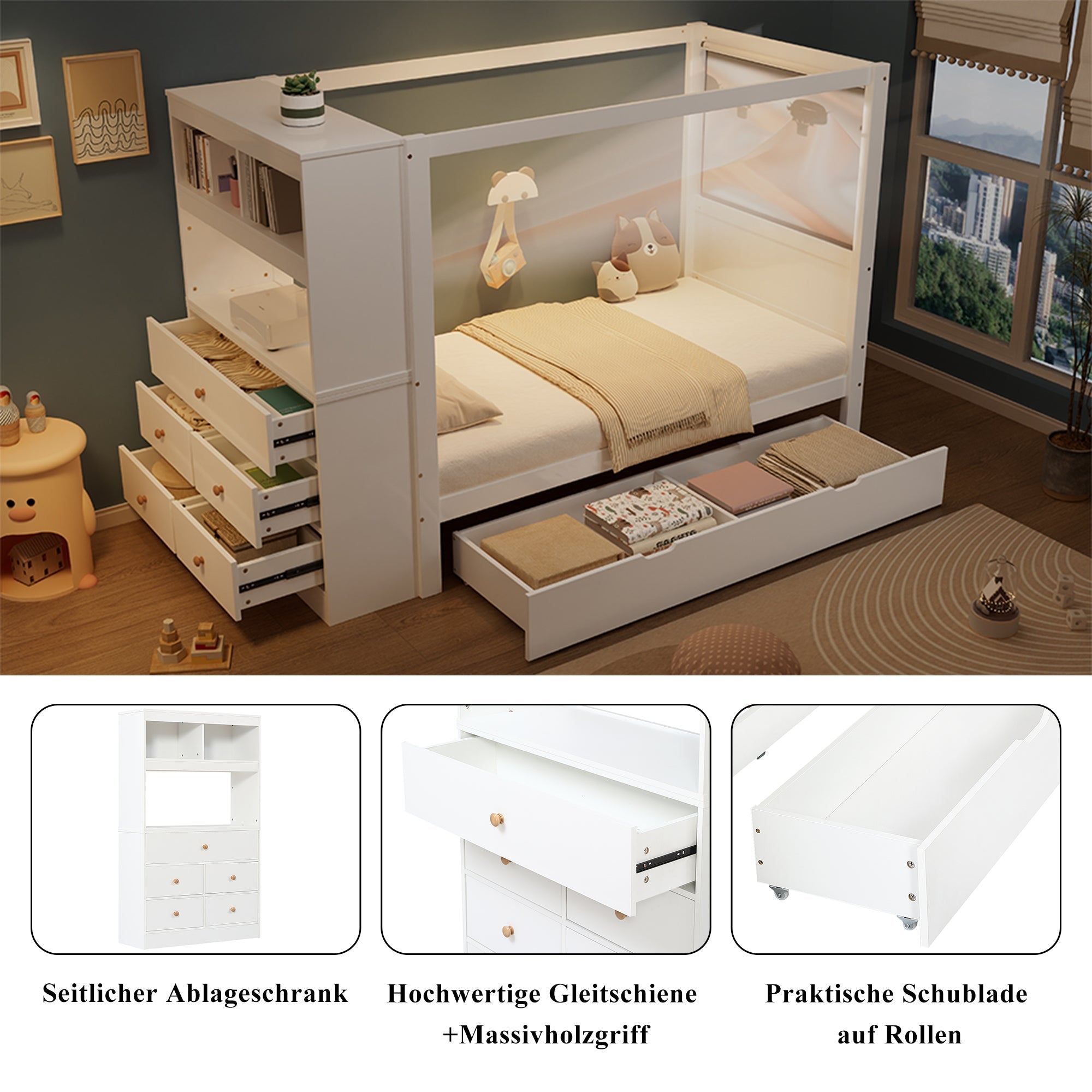 Single bed with safety rail, storage, 5 drawers, white+natural, pine+PB