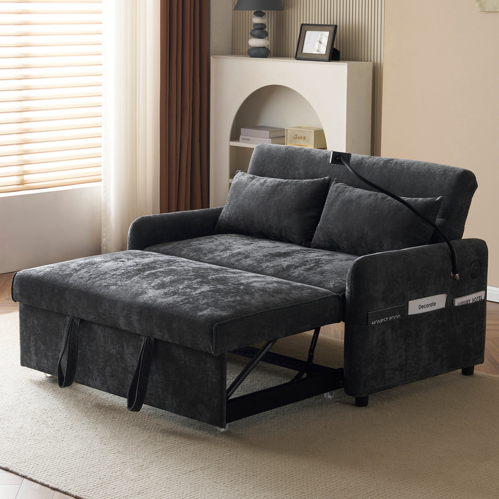 Sofa Bed, Modern Double Folding with Adjustable Backrest, Mobile Holder & USB Port