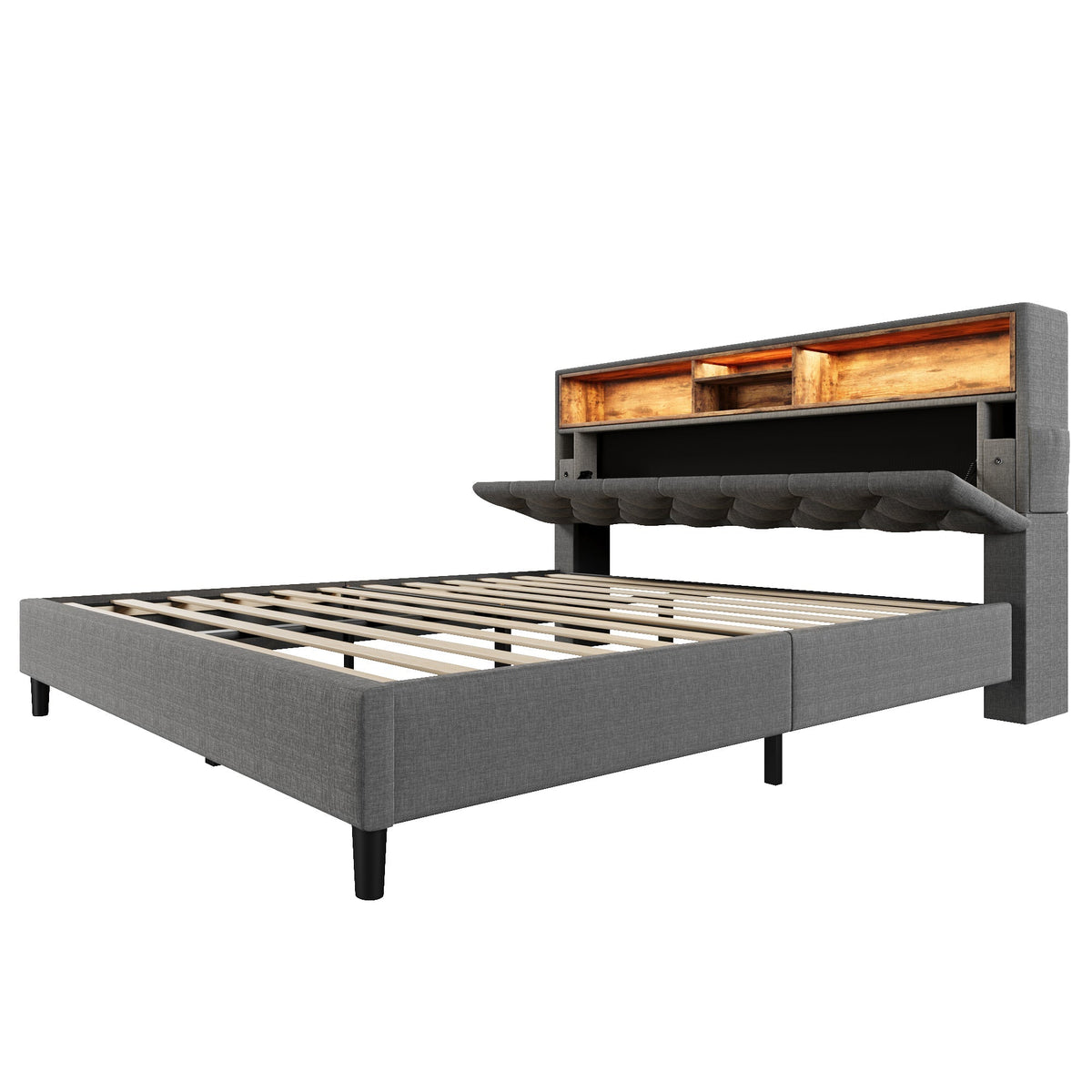 Upholstered Double Bed, Storage Headboard LED Lighting Wooden Frame 140x200cm, Grey