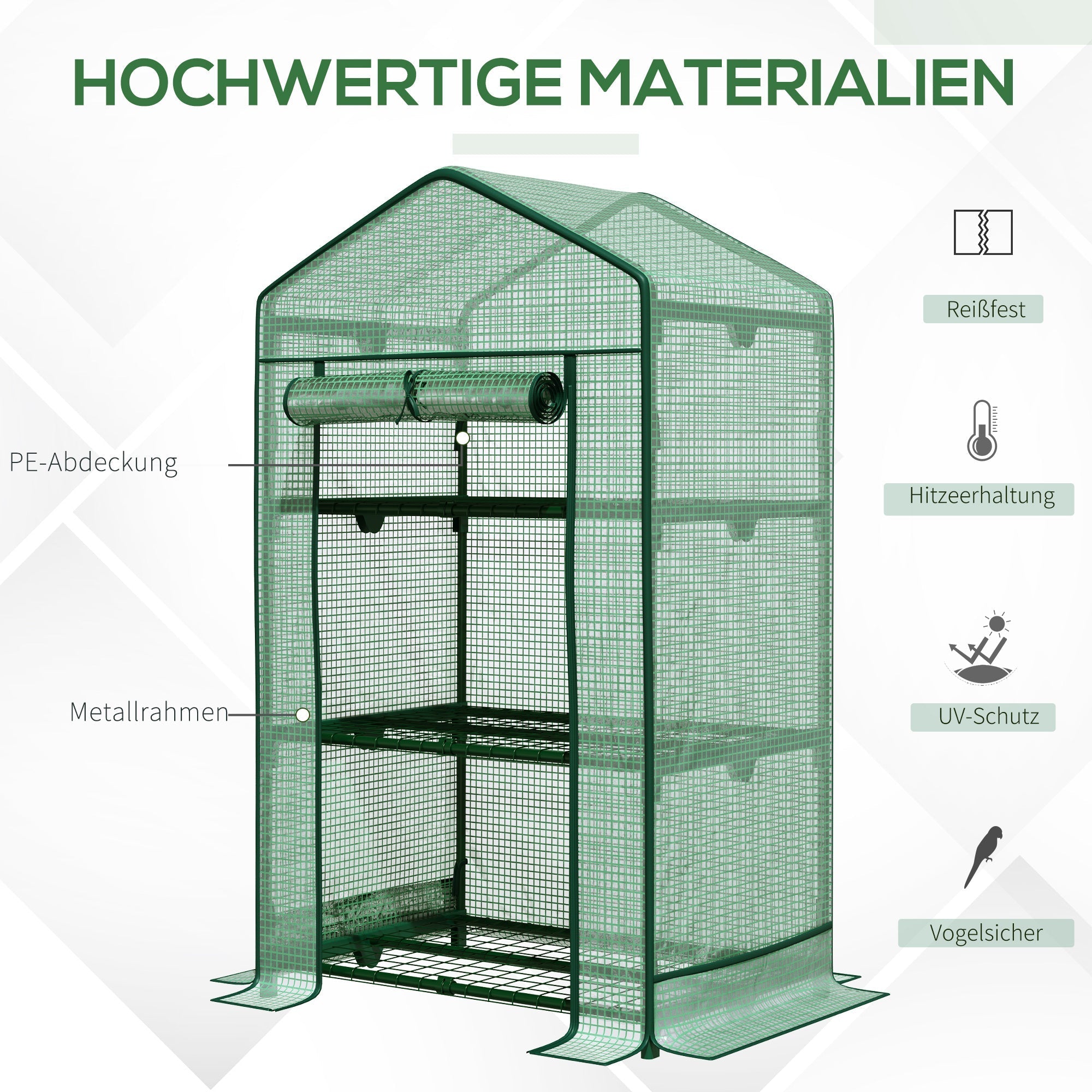 Outsunny Mini Greenhouse with 3 Shelves and Roll-Up Door, 69 x 49 x 125 cm, Green Foil