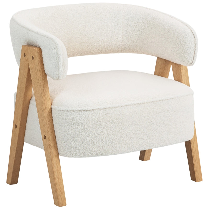 Upholstered Armchair Fleece Cover Wooden Legs - White