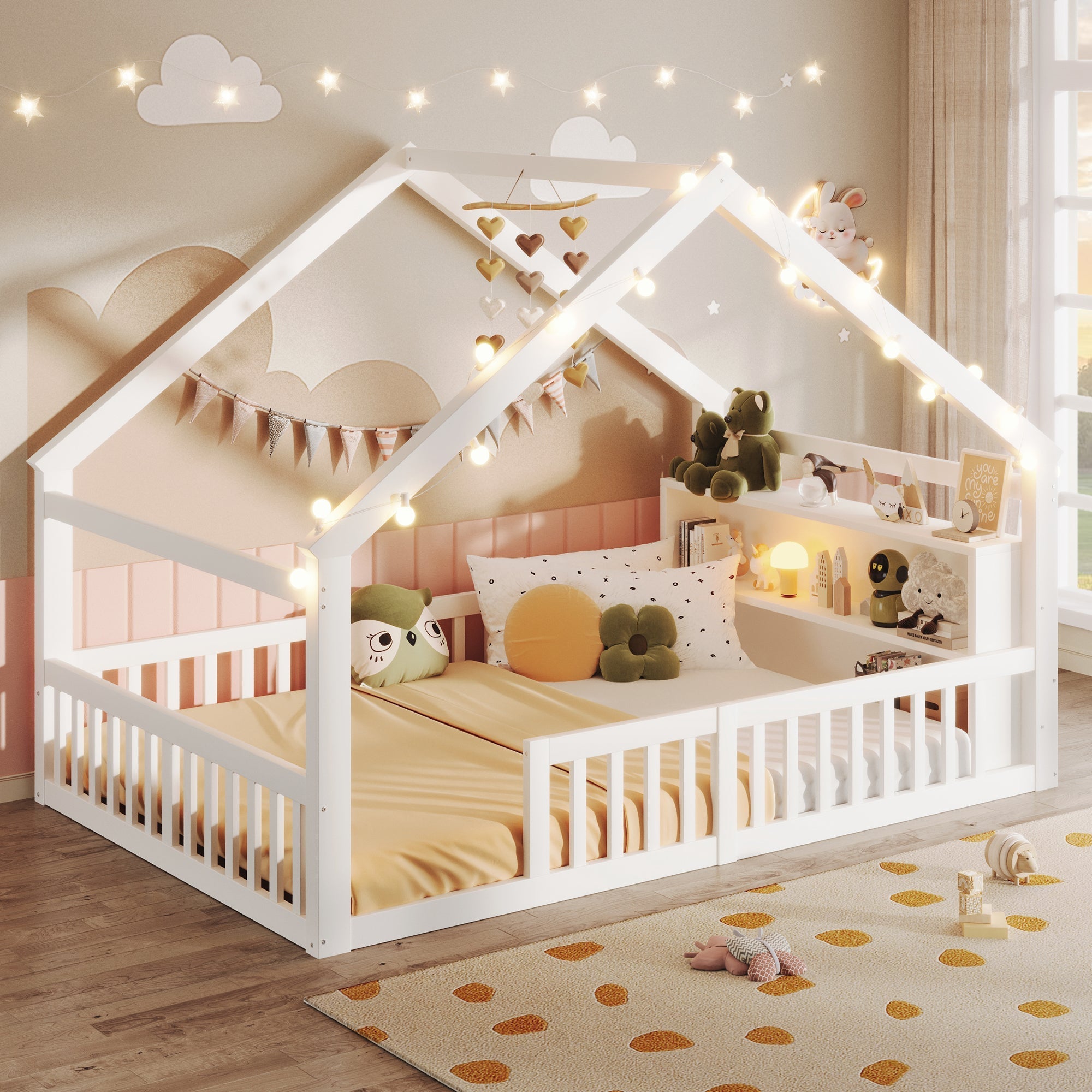 Children's Flatbed with House Rail and LED Beads, 140 x 190 cm, Pine Wood, White