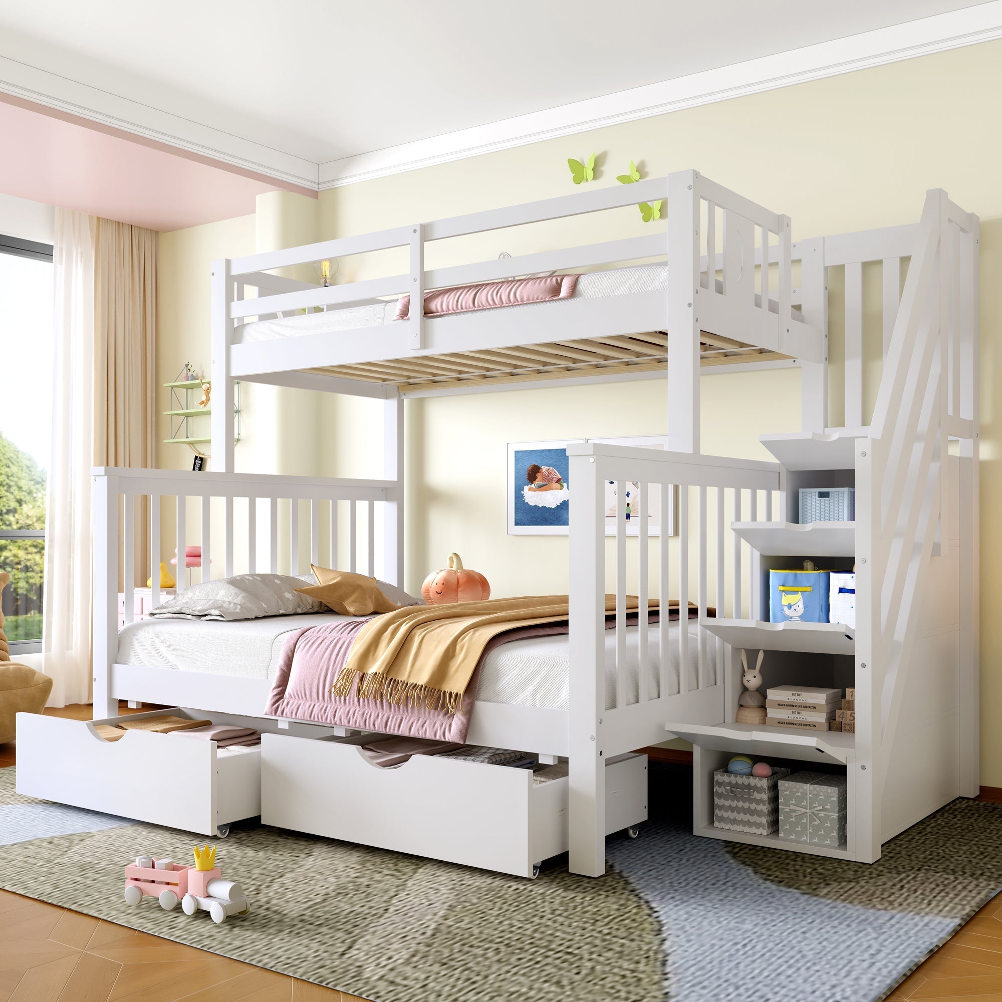Bunk Beds for Kids, Double High Sleeper Frame with Storage & Guardrail, White