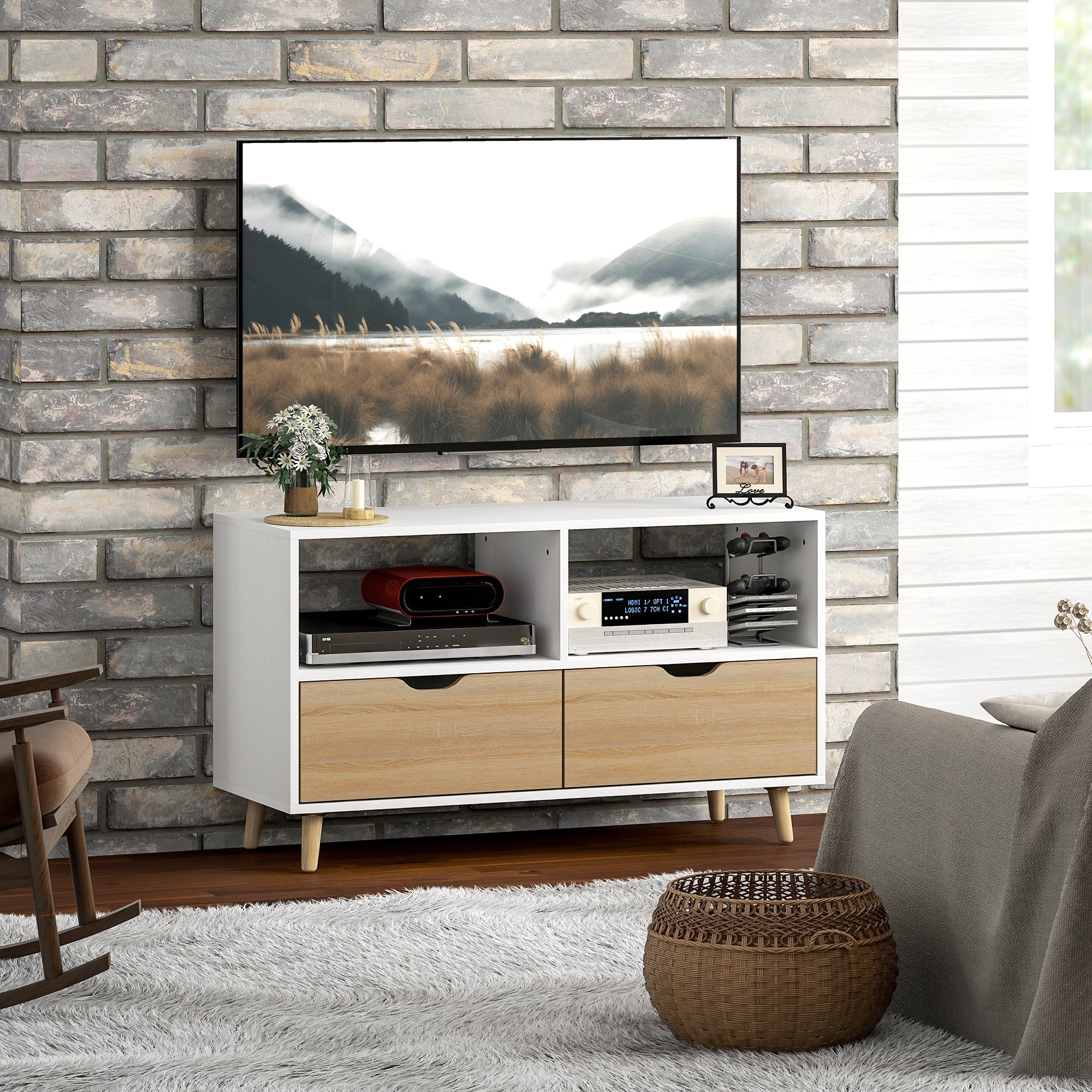 TV Cabinet Lowboard, 2 Shelves, Drawer, White