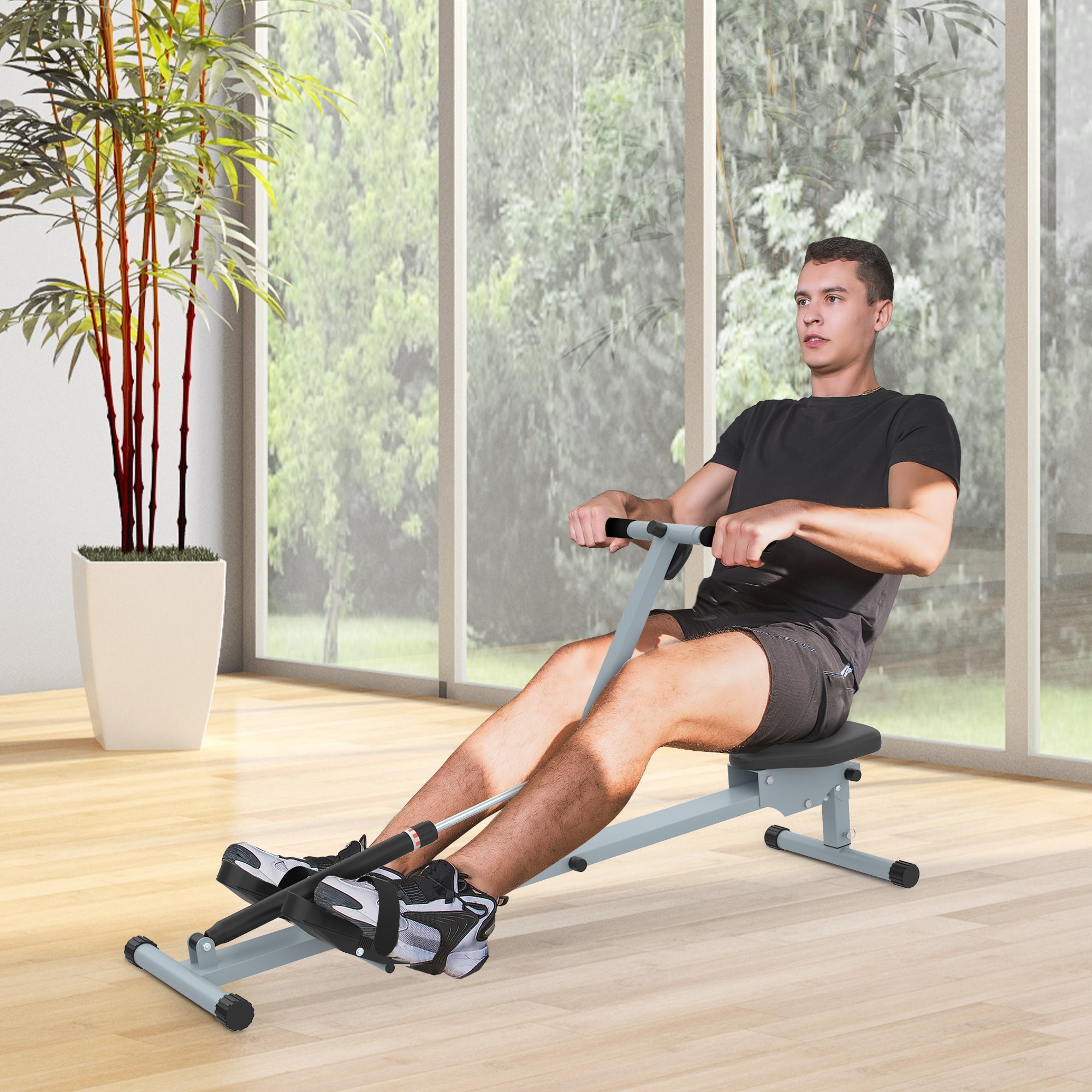 Rowing Machine, LCD Display, Steel+PVC, Gray