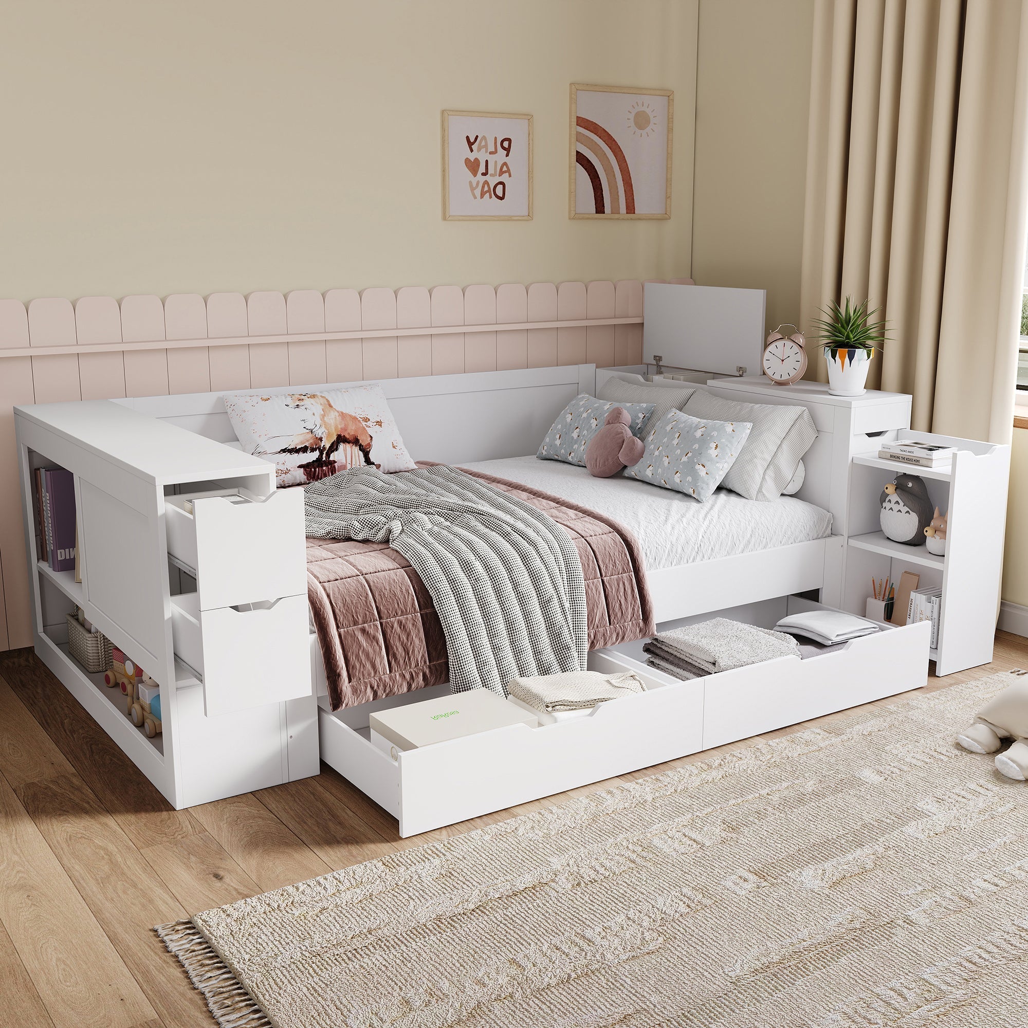 Lit Enfant Simple avec Tiroirs et Rangement, 90x190cm, Blanc