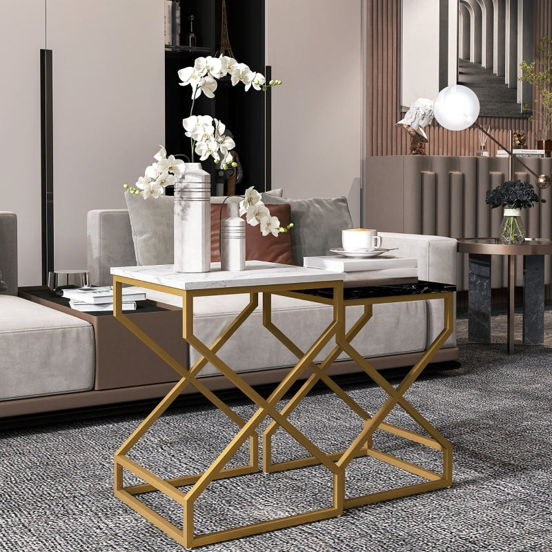Nesting Tables, Set of Two, Marble-Effect