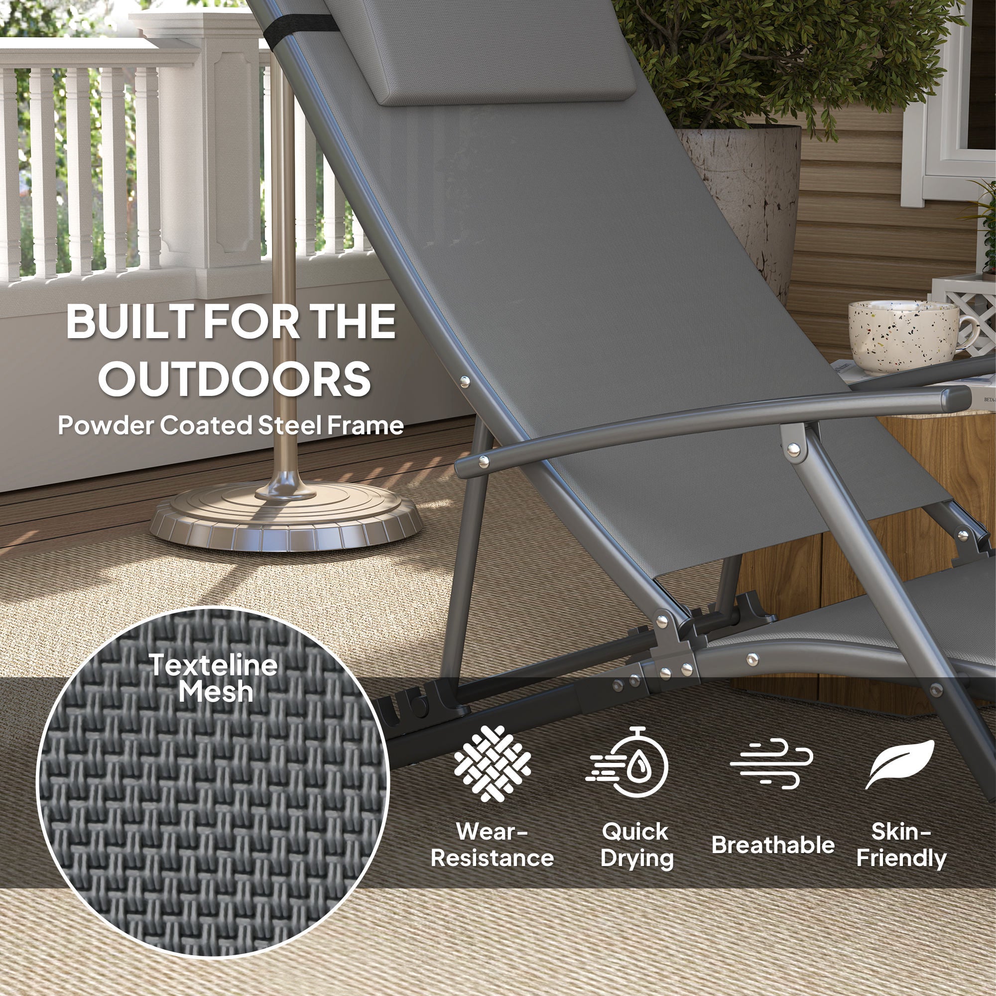 Set of Two Sun Loungers Adjustable Back Folding Texteline Grey