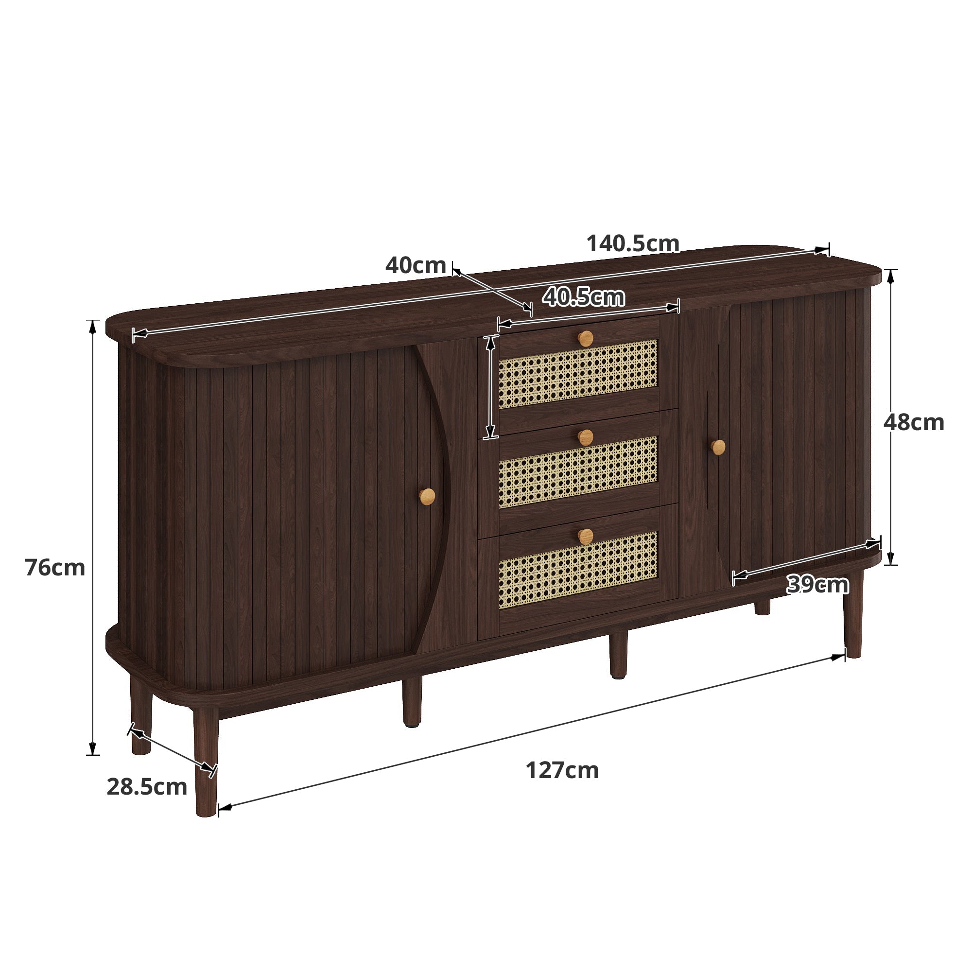 Sideboard, Rattan Drawers with Sliding Doors & Adjustable Shelves, Wood Color