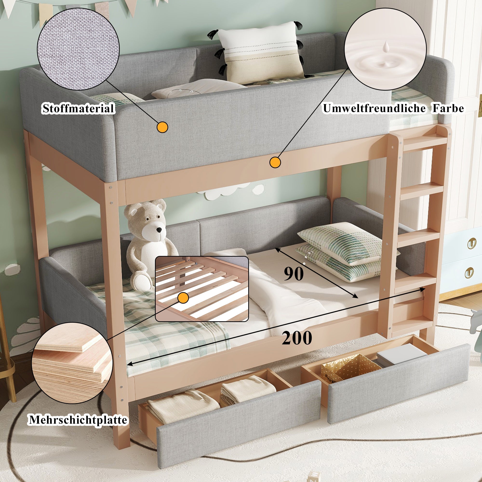 Bunk Bed with Anti-Collision Edge, Straight Staircase and Two Drawers, 90x200cm, Grey and Natural Rubberwood + MDF