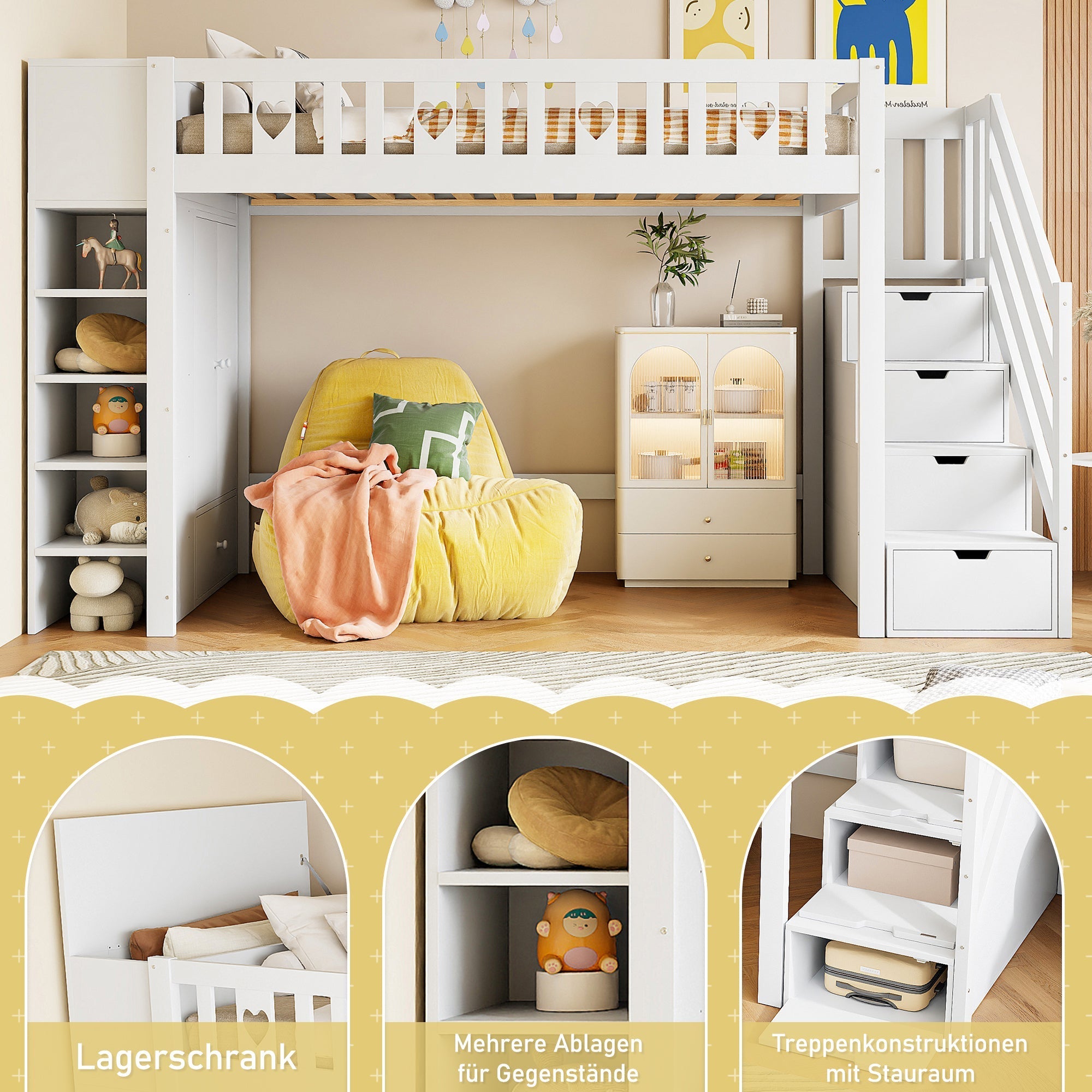 Loft Bed 90x200cm Storage Ladder Shelves Fold-Down Cabinet Love Railing - White