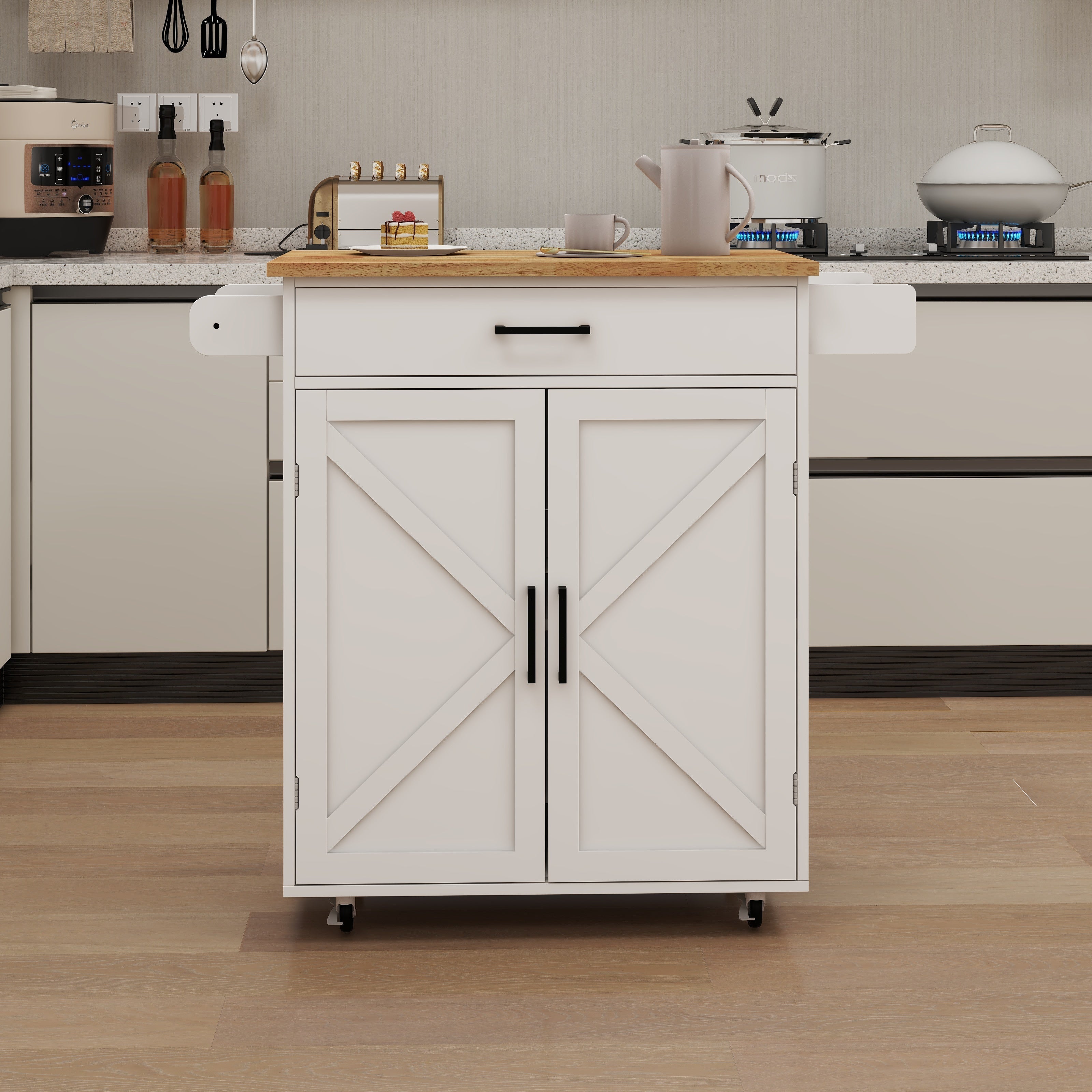 Kitchen Island Trolley Cart with Adjustable Shelves, Towel/Seasoning Racks - Rubber Wood, White
