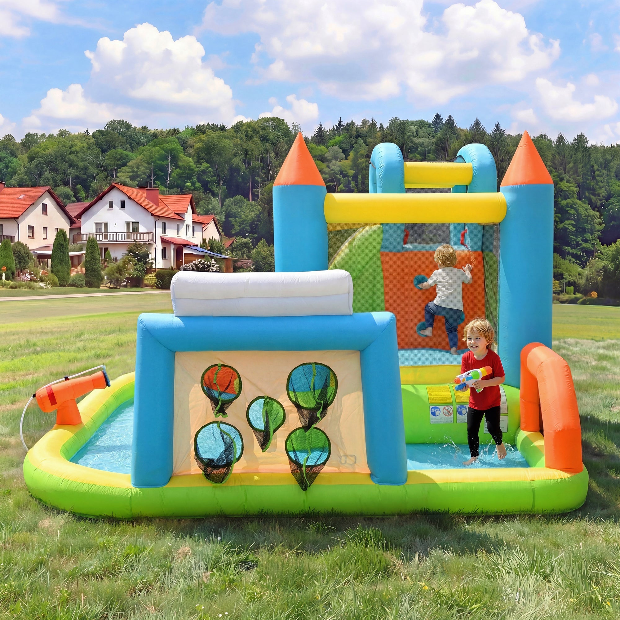 Inflatable Bouncy Castle with Slide, Water Pool and Basketball Hoop, 360x320x200cm, Multicolor
