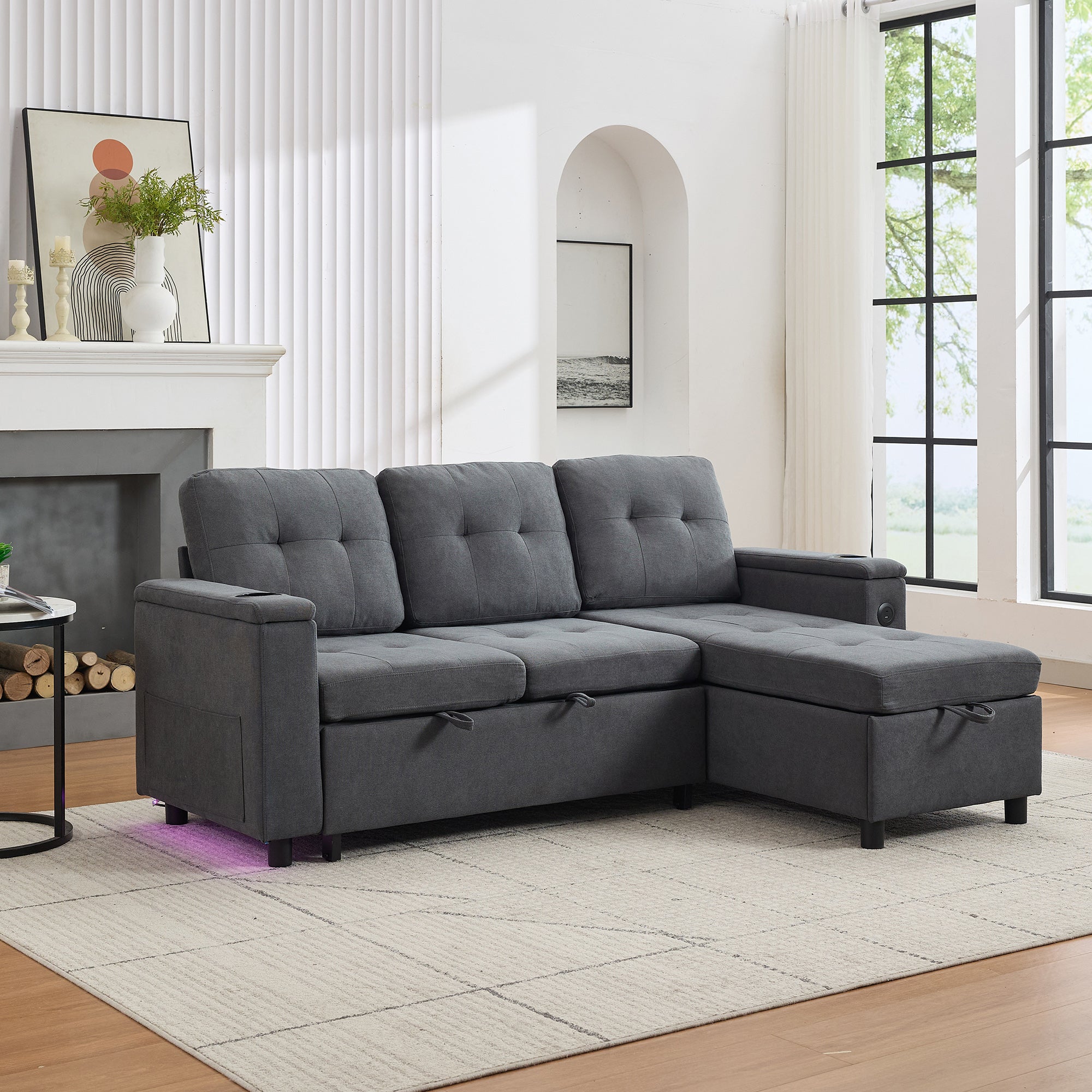 Treviso L-Shaped Sofa Bed with LED Lighting and Storage, Grey