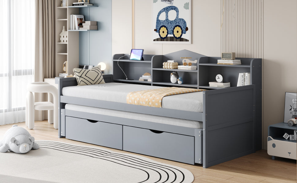 Sofa bed 90*200 with Pull-Out Bed, Drawers & USB Socket, Wood, Gray