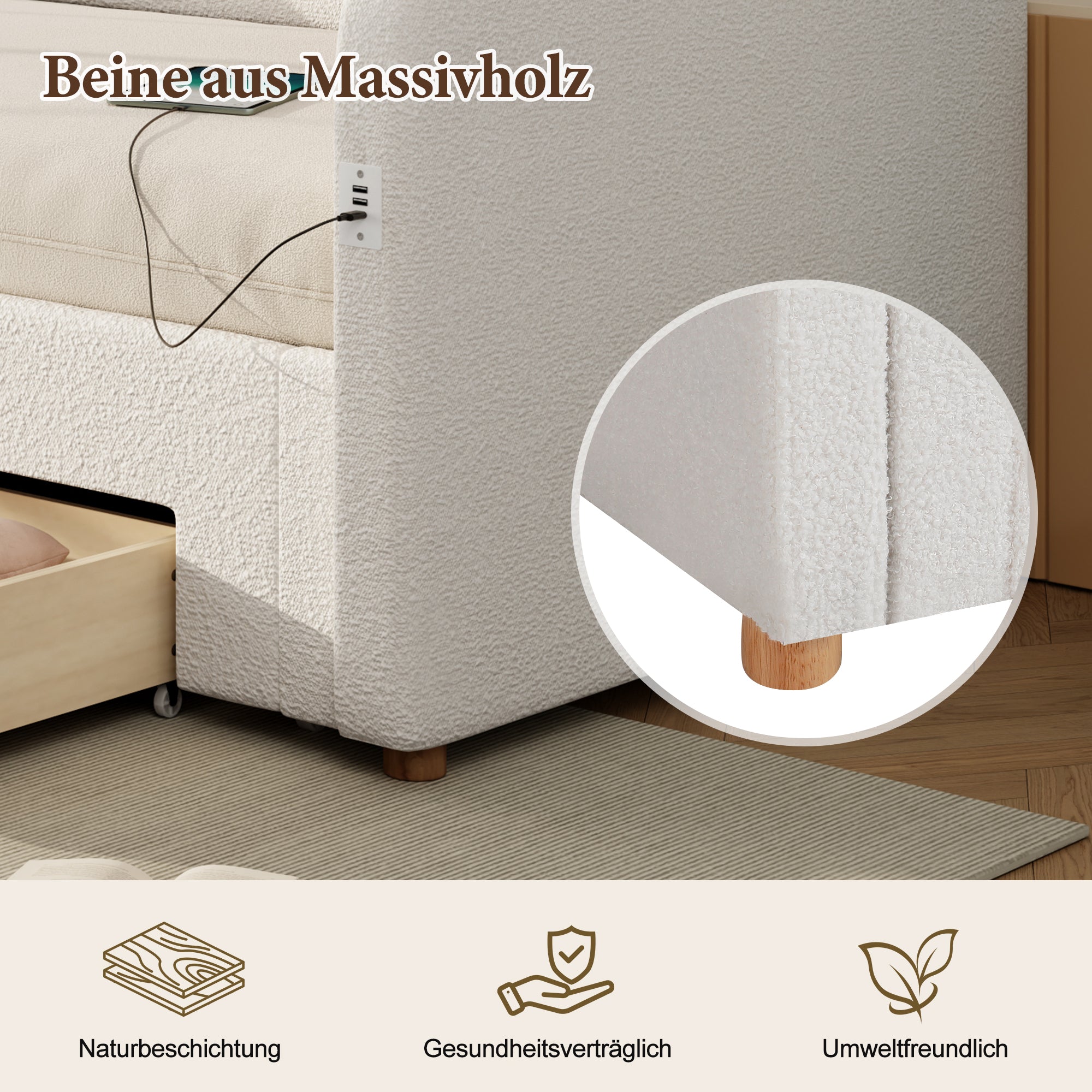 Upholstered Daybed with 2 Drawers, USB Port and Extendable Frame, 90-180x200cm, Beige Bouclé