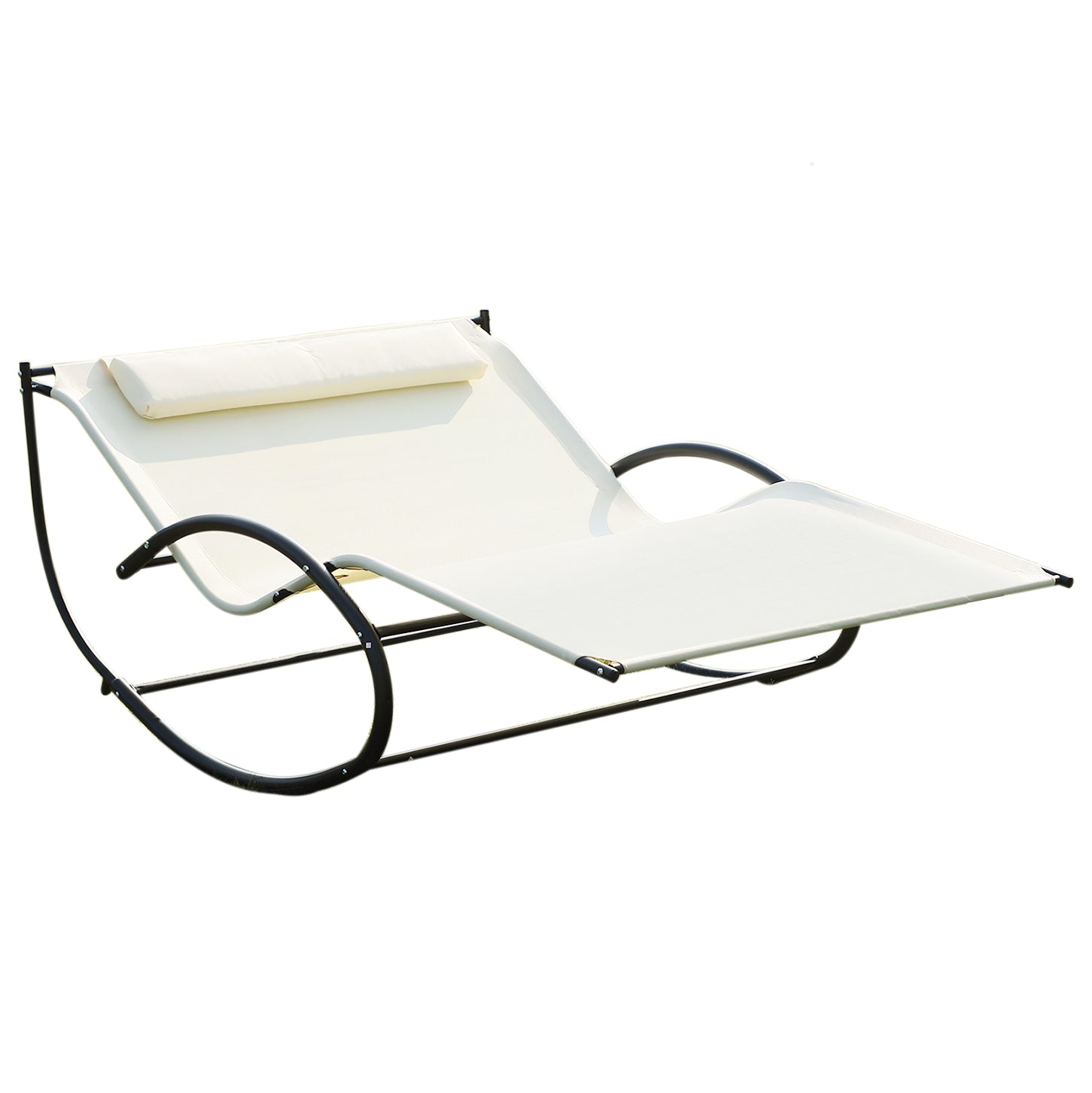 Double Sun Lounger Rocking Daybed with Armrest and Headrest Pillow, Beige