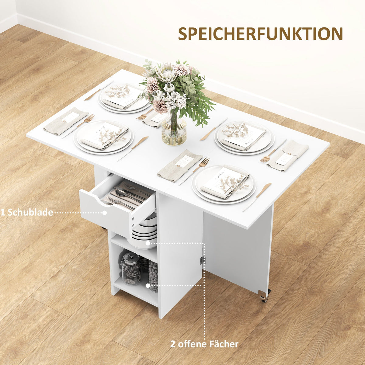 Folding Dining Table, Mobile 2-4 Person Storage Table, White