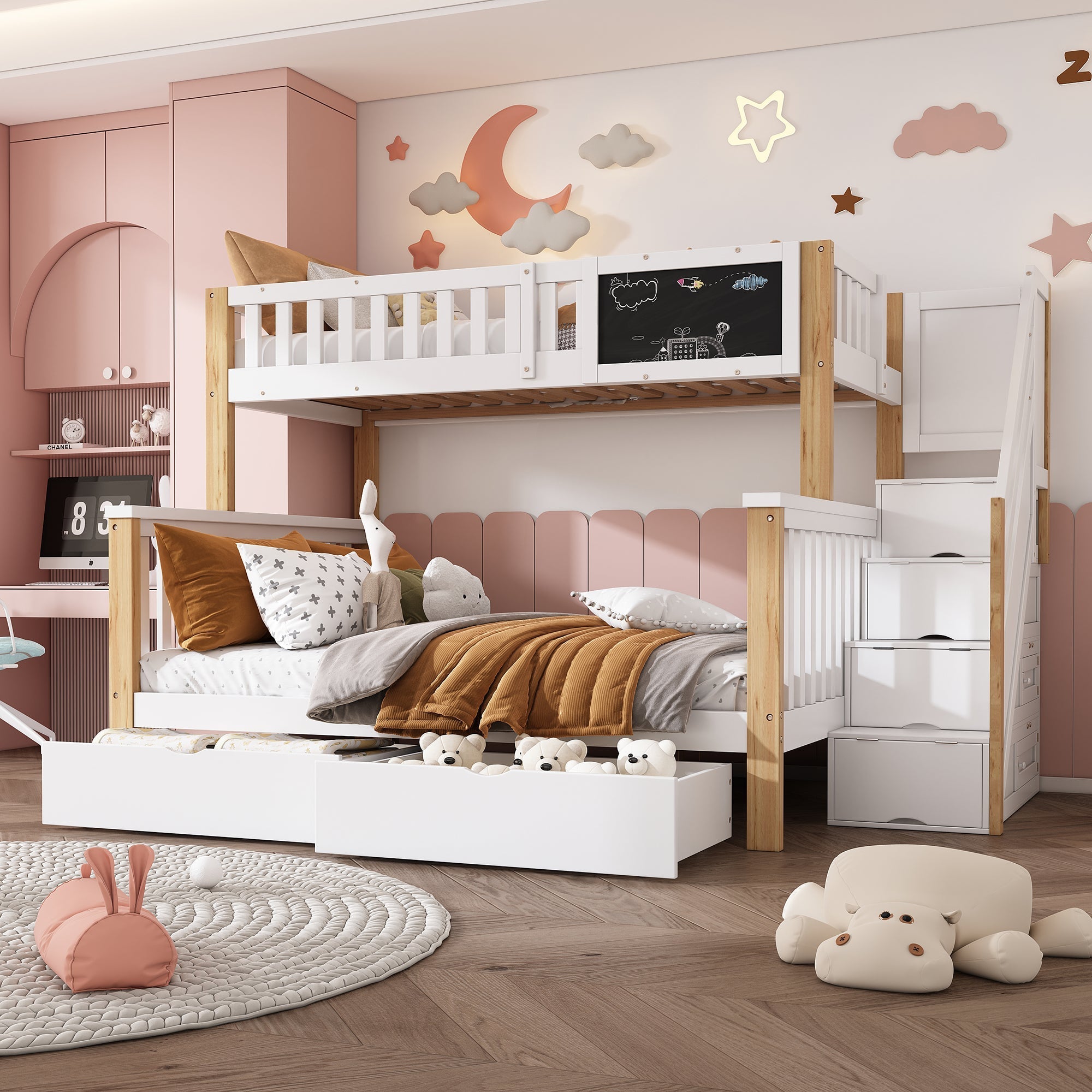 Children's Bunk Bed Multifunctional Chalkboard Drawers 90x200/140x200 - White/Light Oak