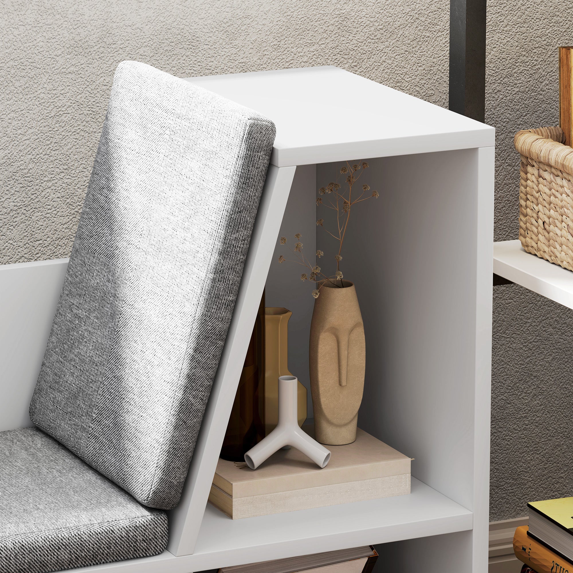 Bookshelf Storage with Seat Cushion 6 Compartment, Linen Look White
