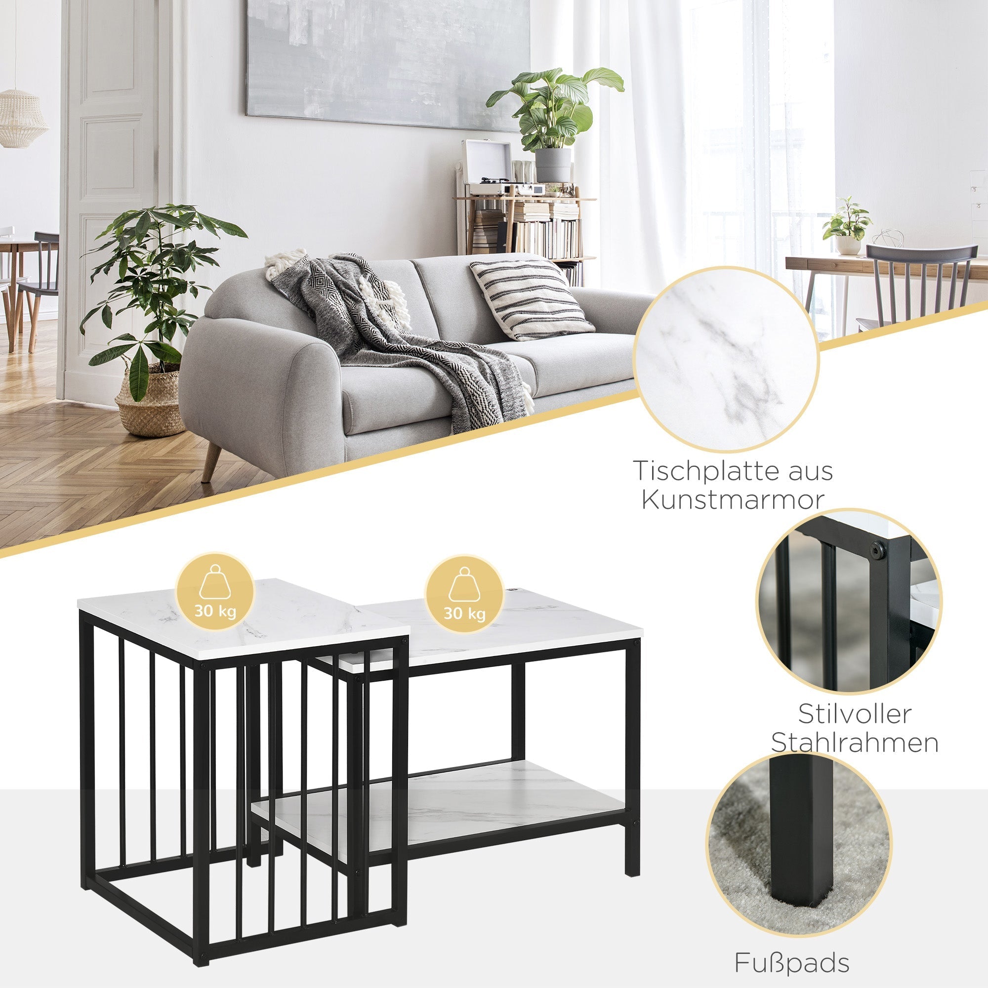 Coffee Table Set of 2 Nesting Modern Marble Look, Steel