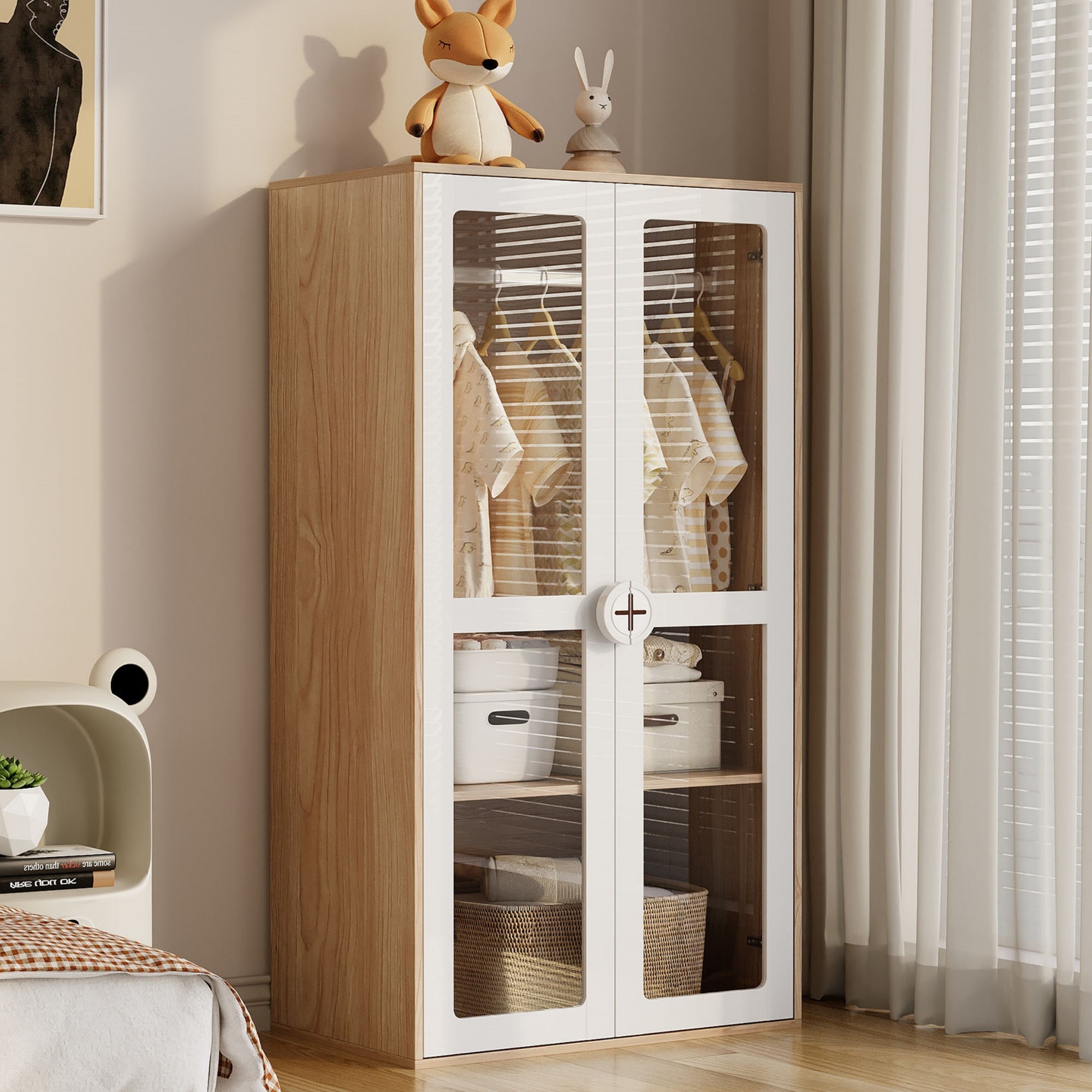 Children's Wardrobe, Double Doors Hanging Rail Sliding Shelves, White Lacquer & Natural MDF