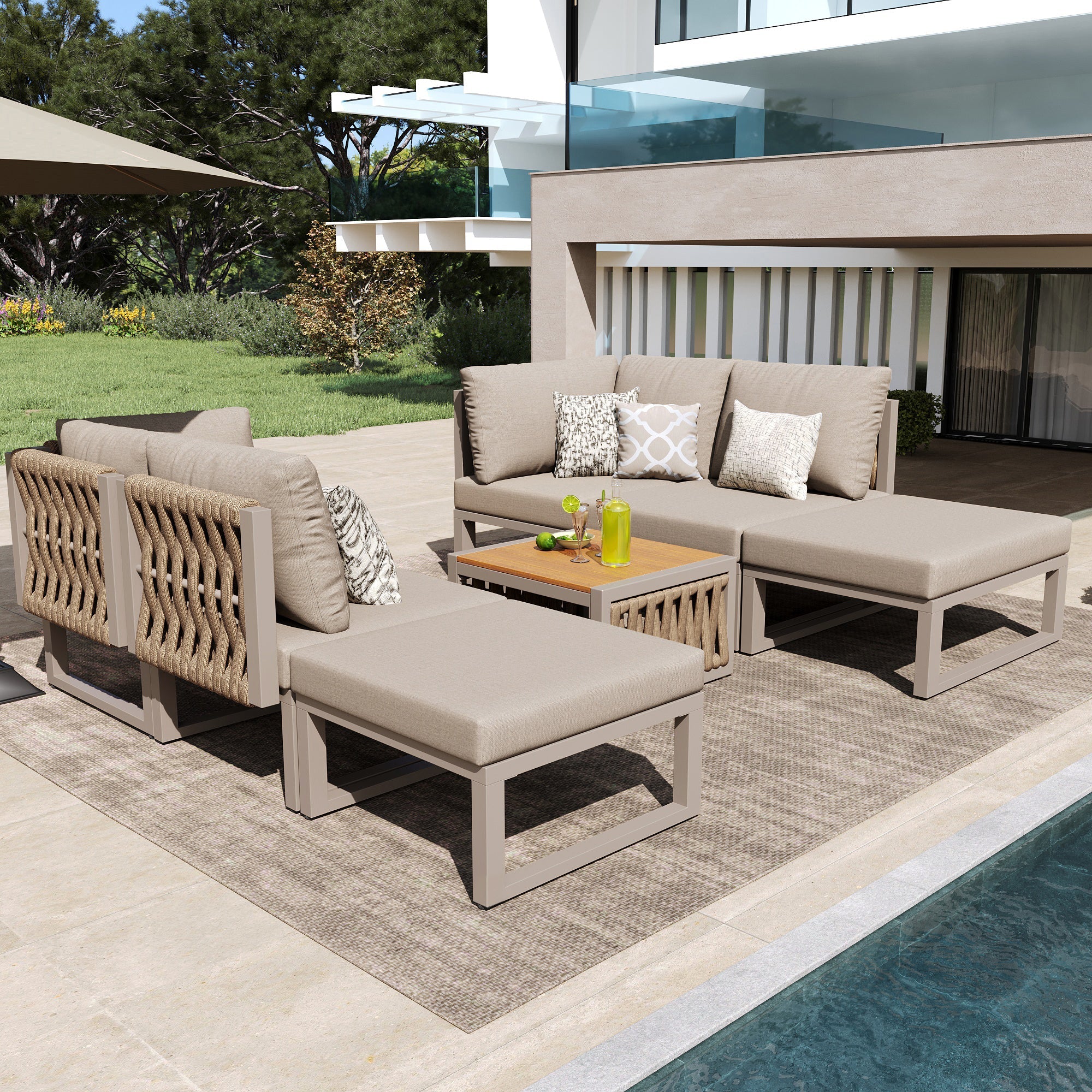 Garden Furniture Set 6 Person Double Lounger Adjustable Backrest Cushions - Beige
