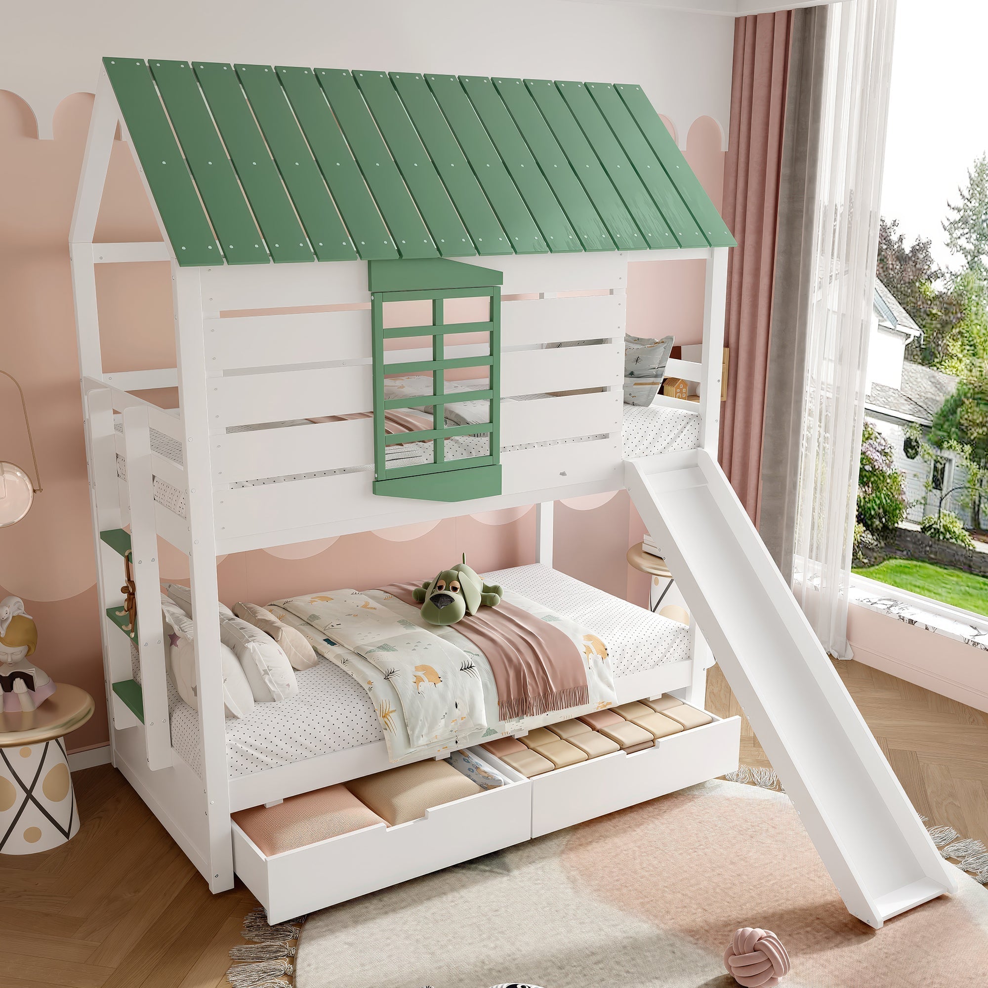90X200 House Bunk Bed with Slide and 2 Drawers, White+Green