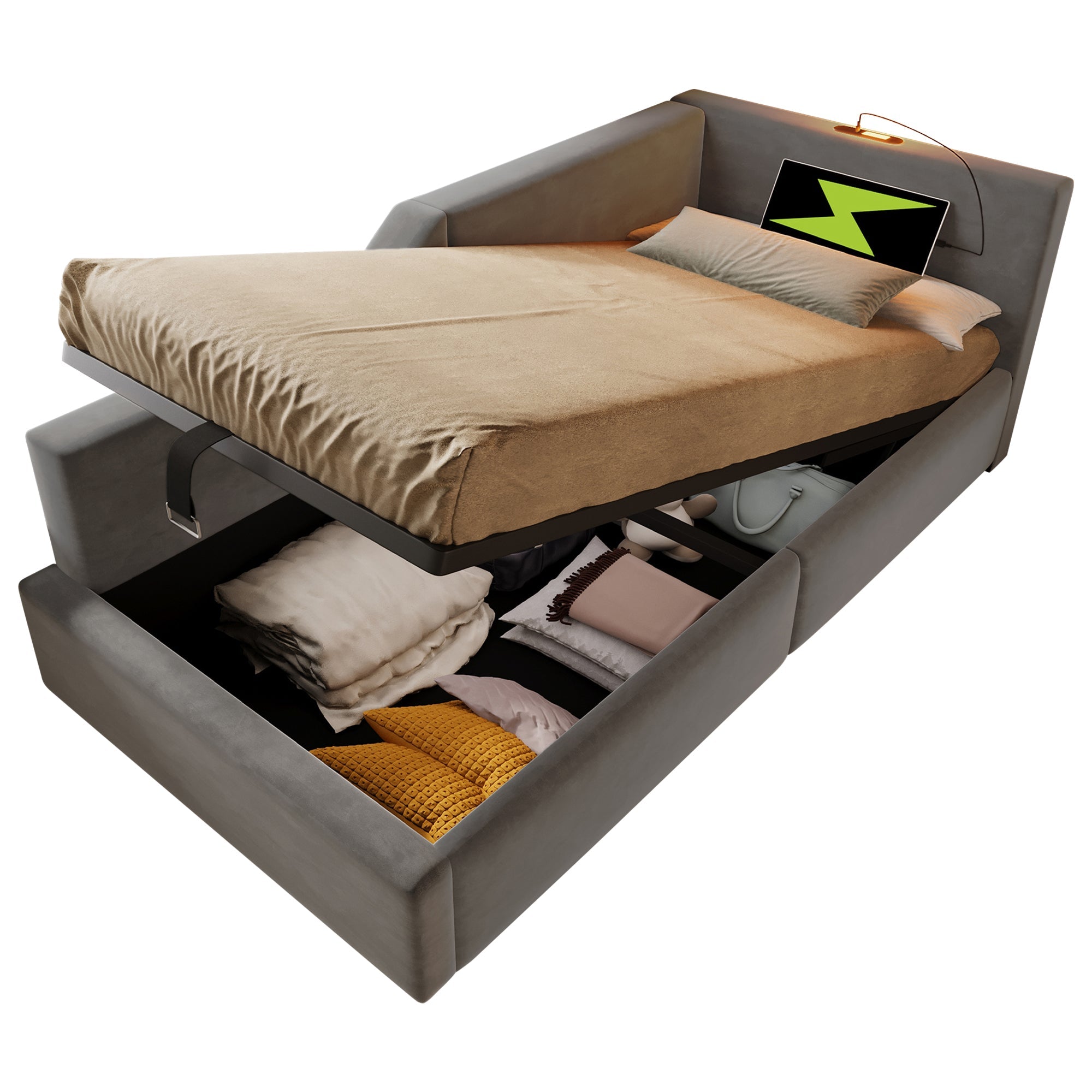 Upholstered Daybed 90x200cm, Sofa Bed with Hydraulic Storage, Reading Light, USB-C, Velvet Grey