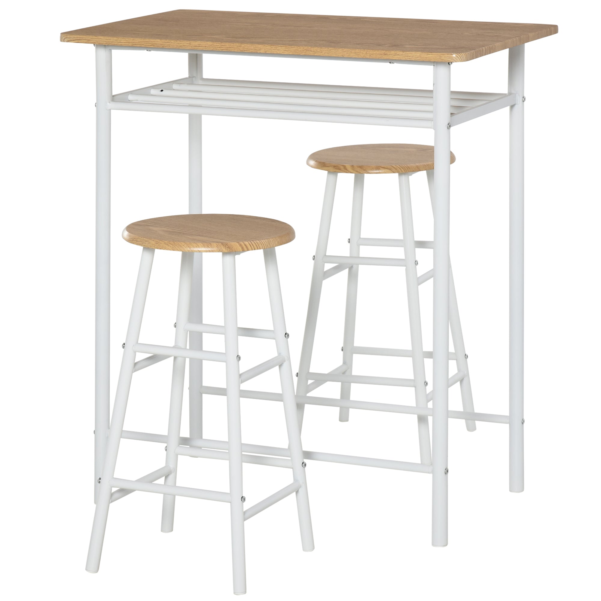 3-Piece Bar Table Set 2 Bar Stools Storage Shelf, MDF Steel, White + Oak
