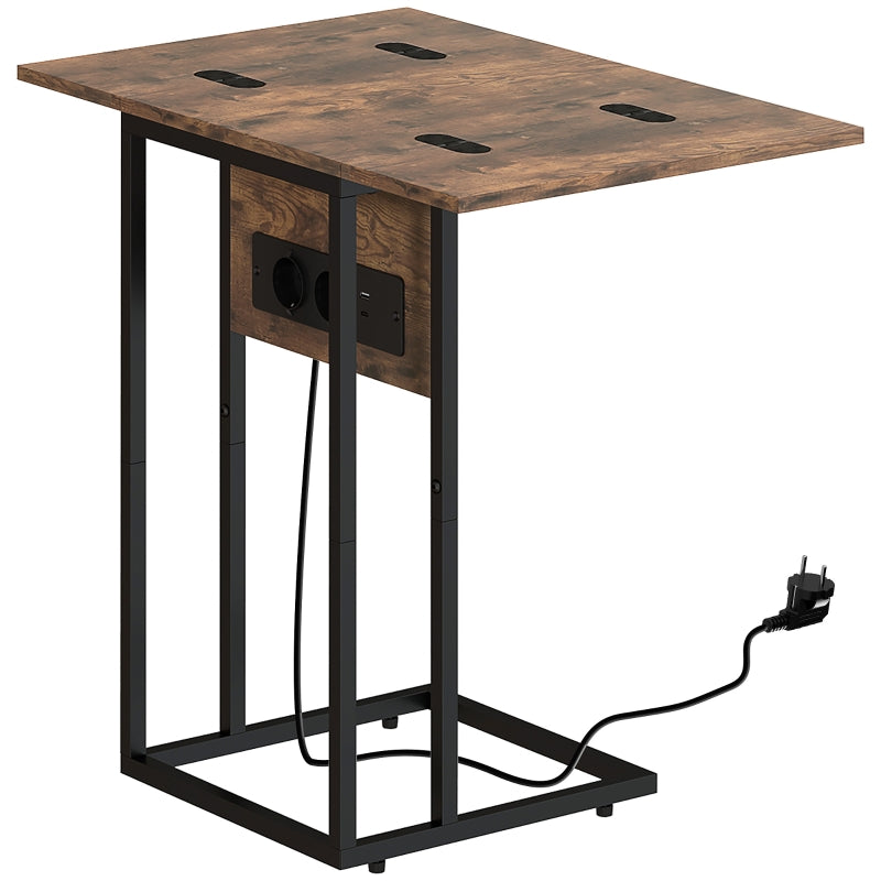 Foldable Side Table USB Charging Station 39x29x57cm - Brown Metal