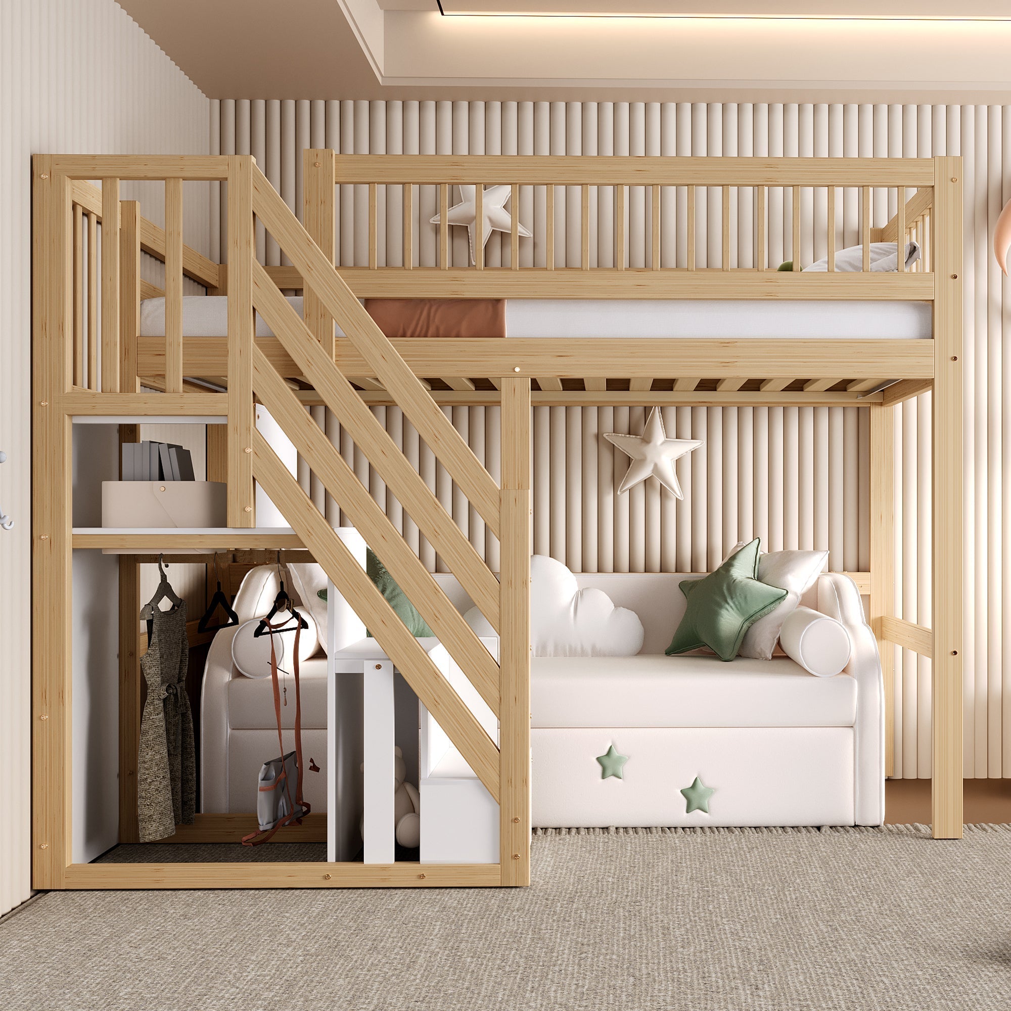 Solid Wood Bed, 90x200, Storage Stairs, High Version, Wood Color
