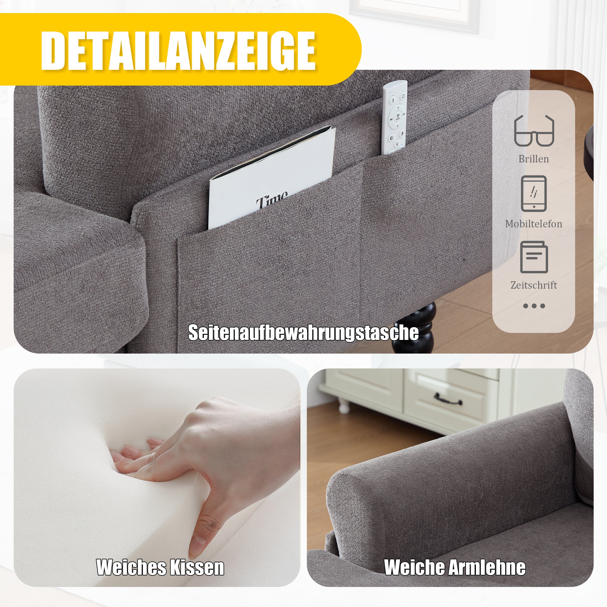 Modern Minimalist Lounger Single Sofa with Wooden Legs and Side Pockets, Chenille Fabric