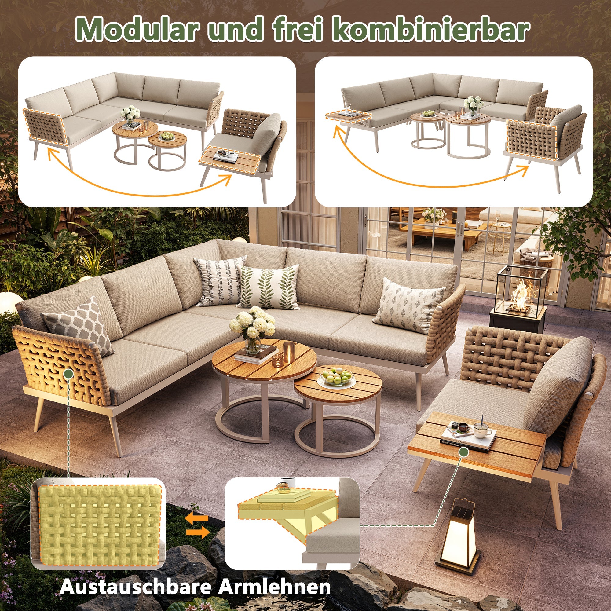 Six-Seater L-Shaped Garden Sofa Set with Hand-Woven Armrests and Coffee Tables, Grey and Beige