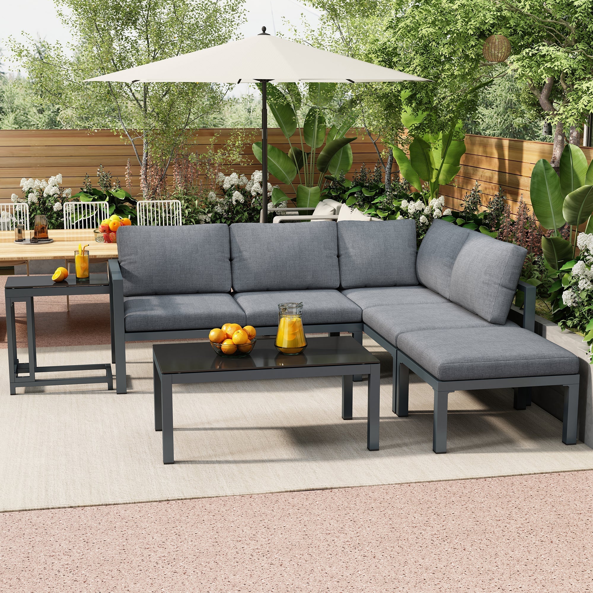 Outdoor Garden Terrace Lounge Sofa Set, 4-5 Person Corner Sofa with Side & Coffee Table, Grey